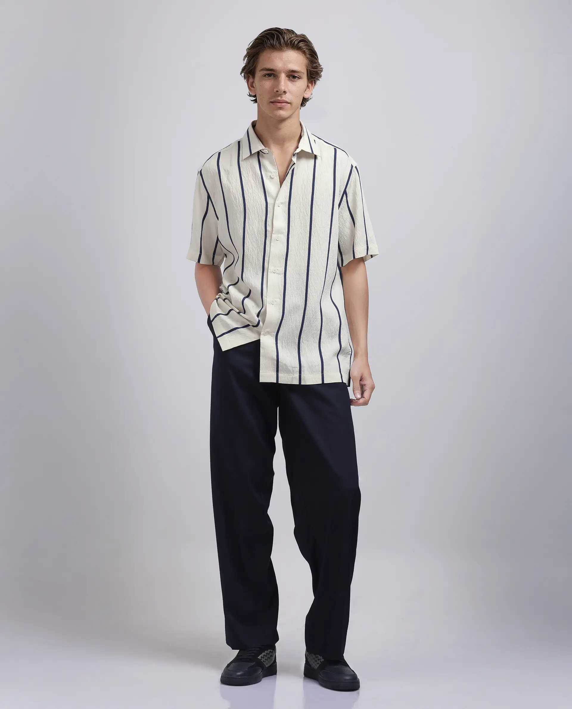 Rare Rabbit Men's Cask Navy Viscose Blend Striped Print Relaxed Fit Half Sleeve Collared Shirt - Image 3