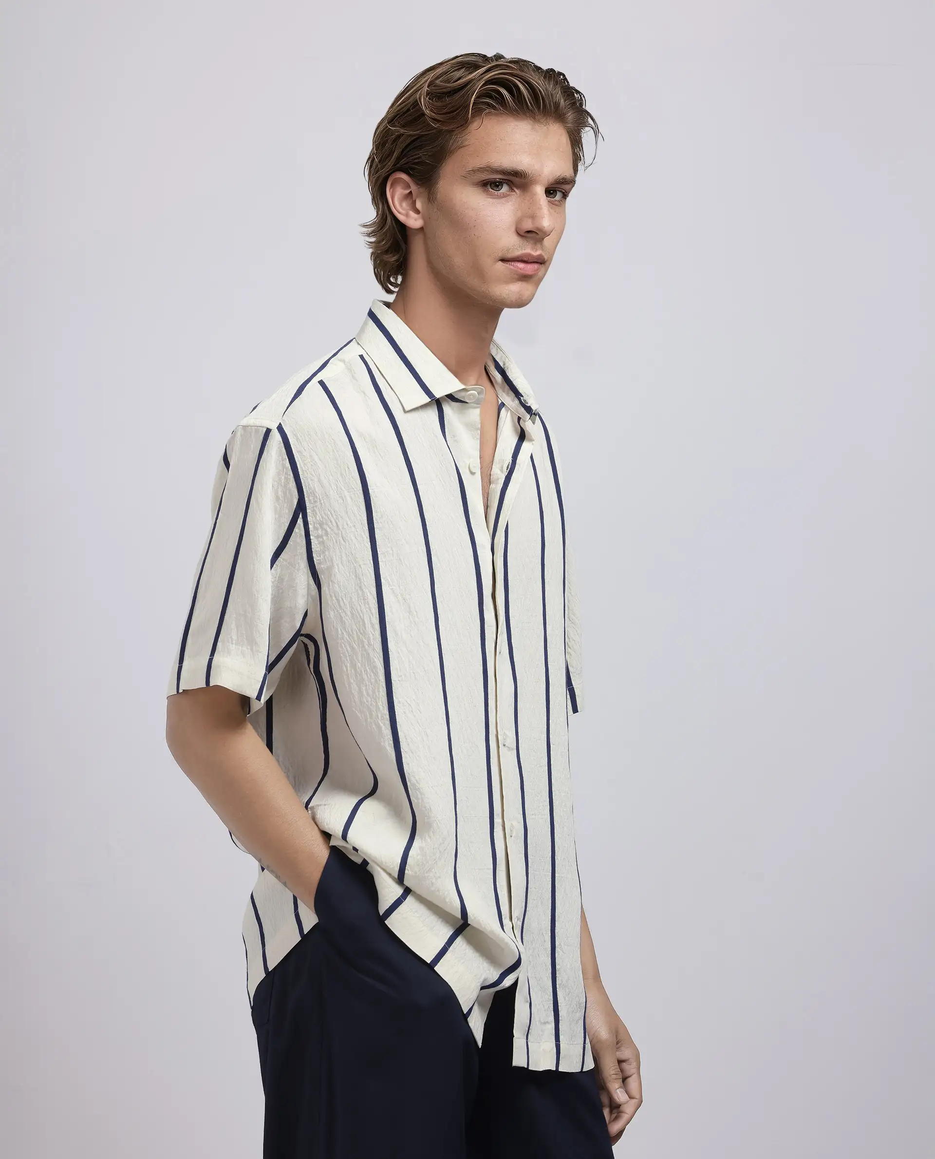Rare Rabbit Men's Cask Navy Viscose Blend Striped Print Relaxed Fit Half Sleeve Collared Shirt - Image 4