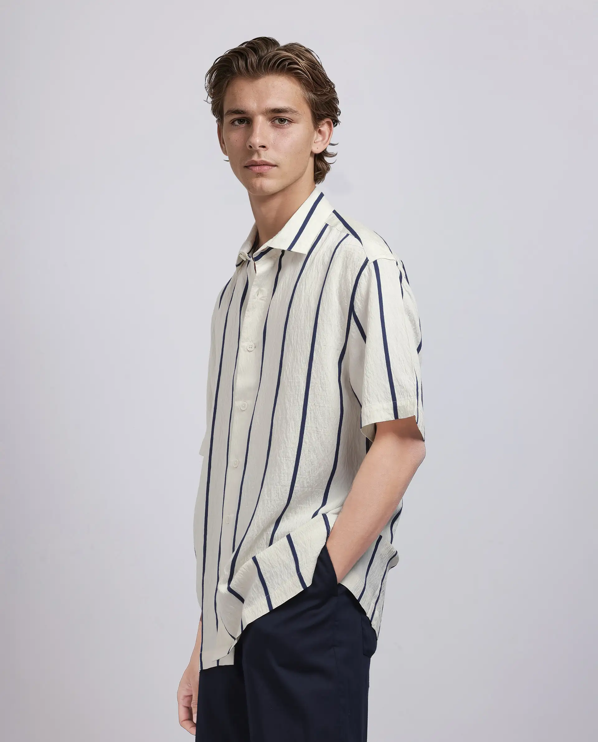Rare Rabbit Men's Cask Navy Viscose Blend Striped Print Relaxed Fit Half Sleeve Collared Shirt - Image 5