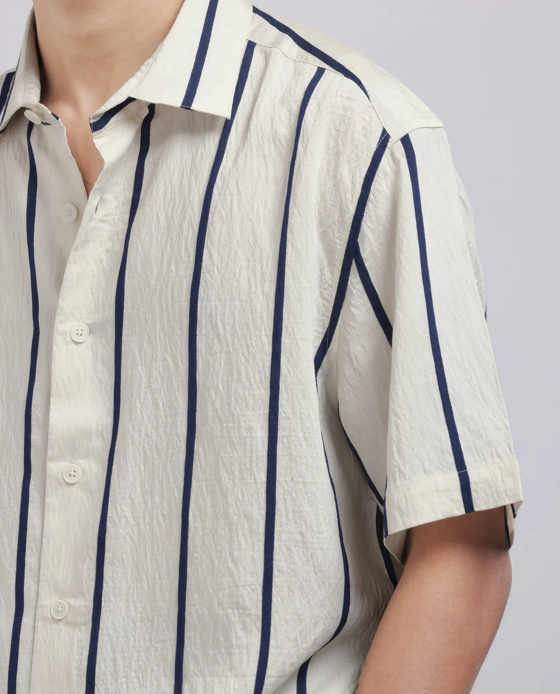 Rare Rabbit Men's Cask Navy Viscose Blend Striped Print Relaxed Fit Half Sleeve Collared Shirt - Image 7