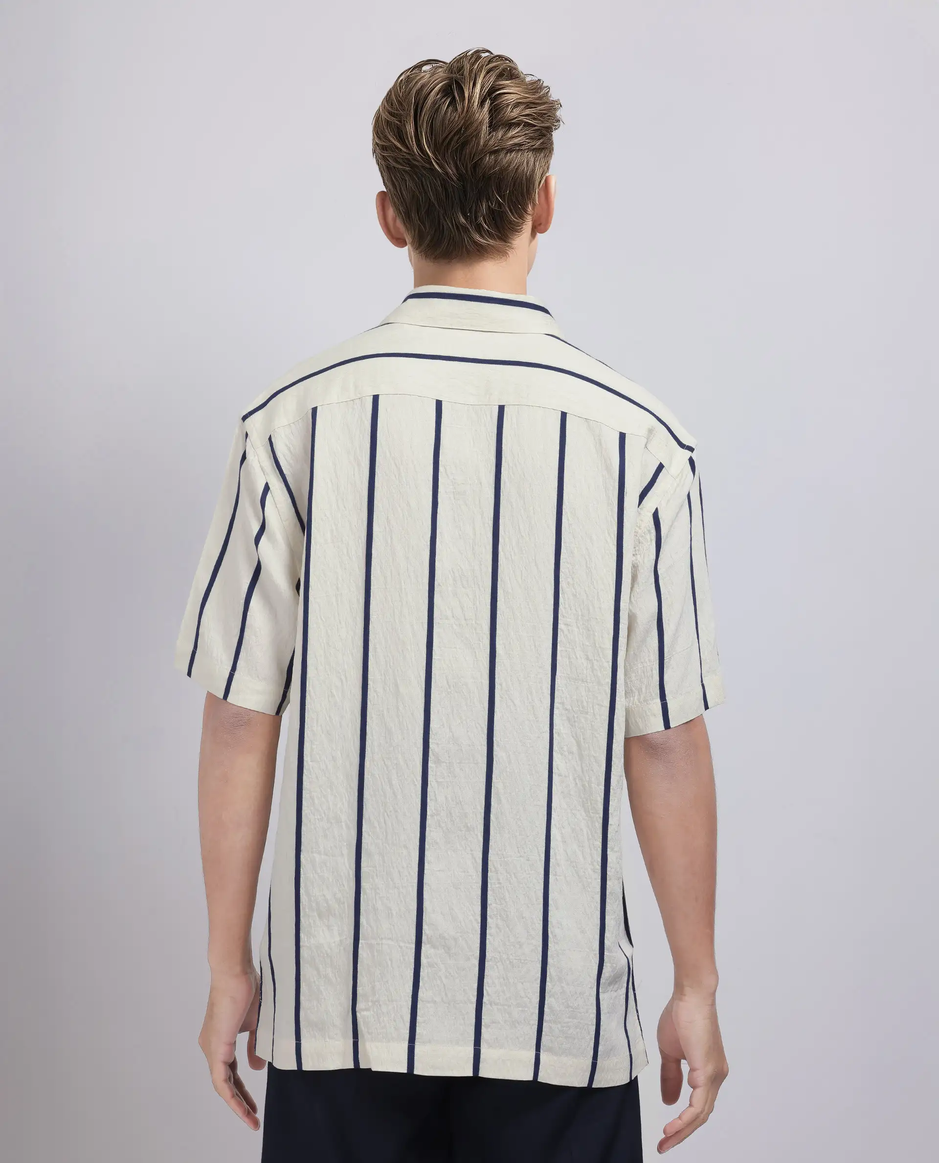 Rare Rabbit Men's Cask Navy Viscose Blend Striped Print Relaxed Fit Half Sleeve Collared Shirt - Image 8