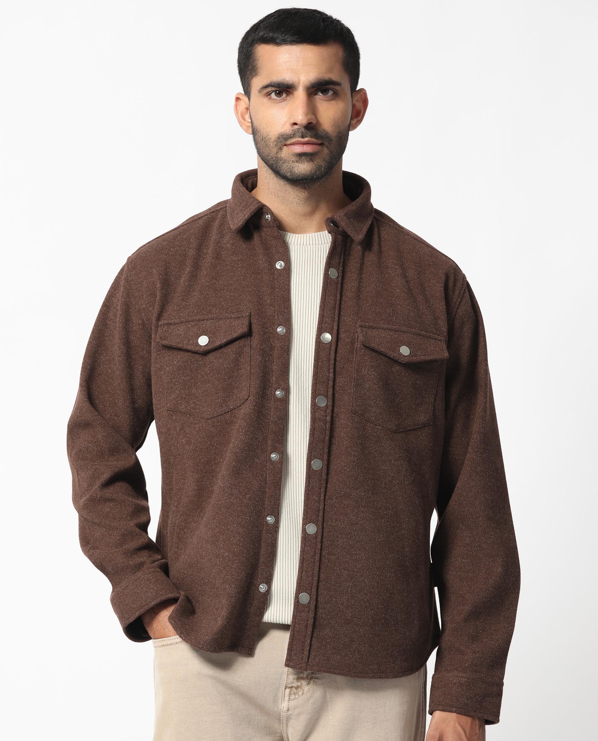 Rare Rabbit Men's Cason Dark Brown Polyester Plain Regular Fit Full Sleeve Spread Collar Jacket