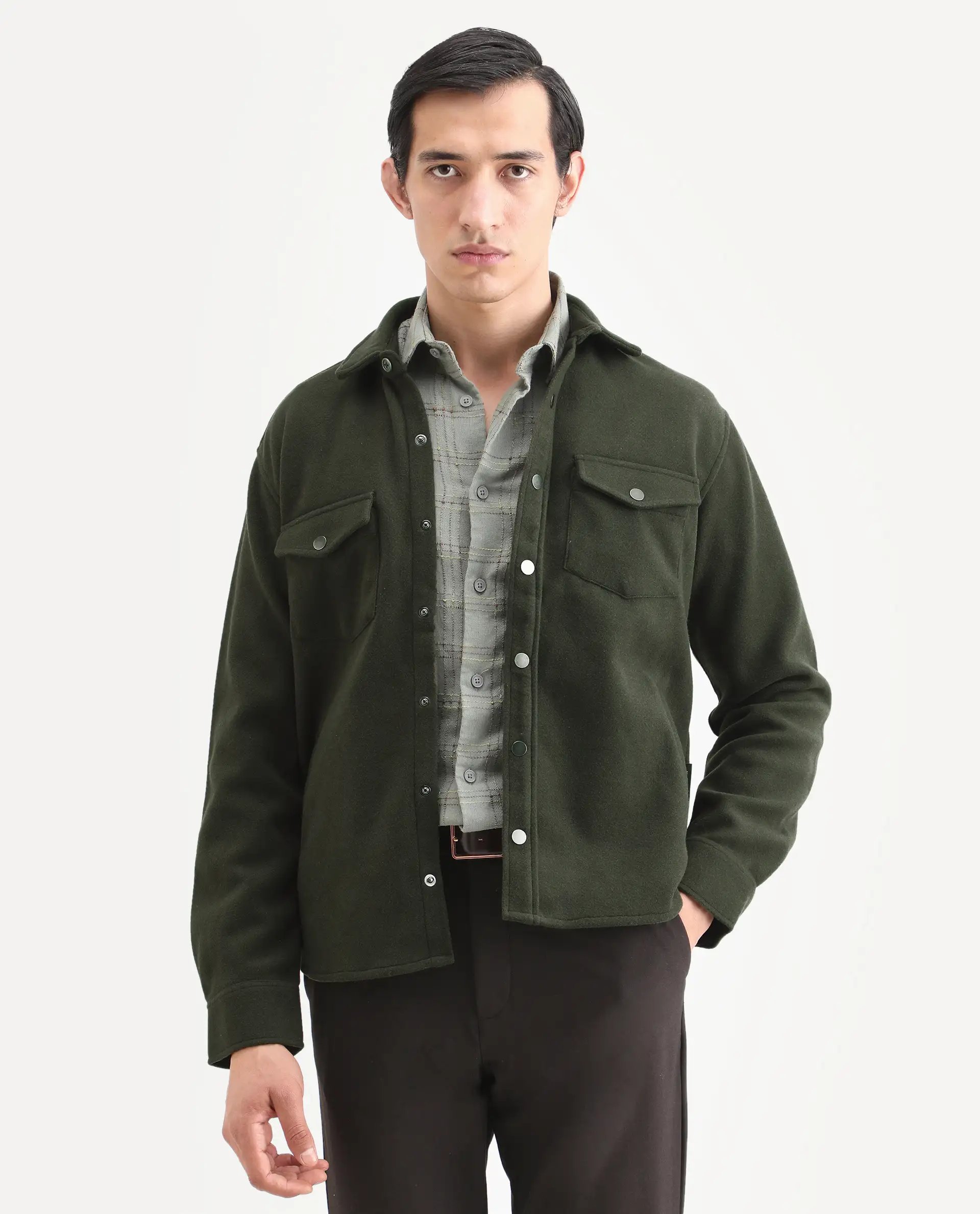 Rare Rabbit Men's Cason Dark Green Polyester Plain Regular Fit Full Sleeve Spread Collar Jacket - Image 3