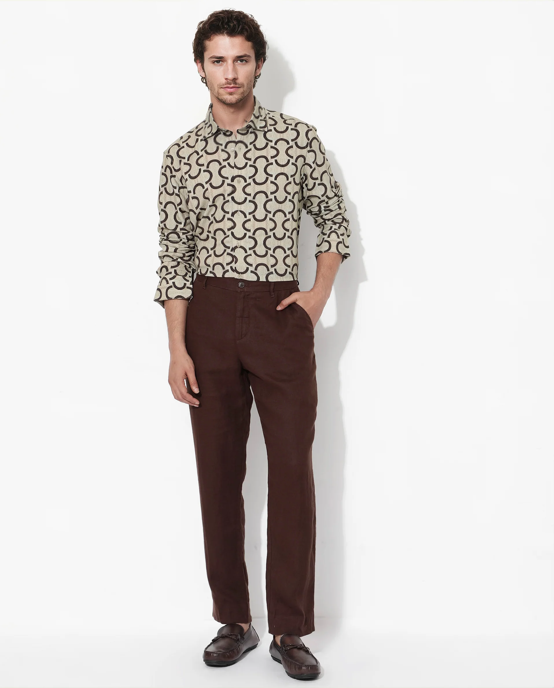 Rare Rabbit Men's Cason Beige Viscose Geometric Print Regular Fit Full Sleeve Collared Shirt - Image 2