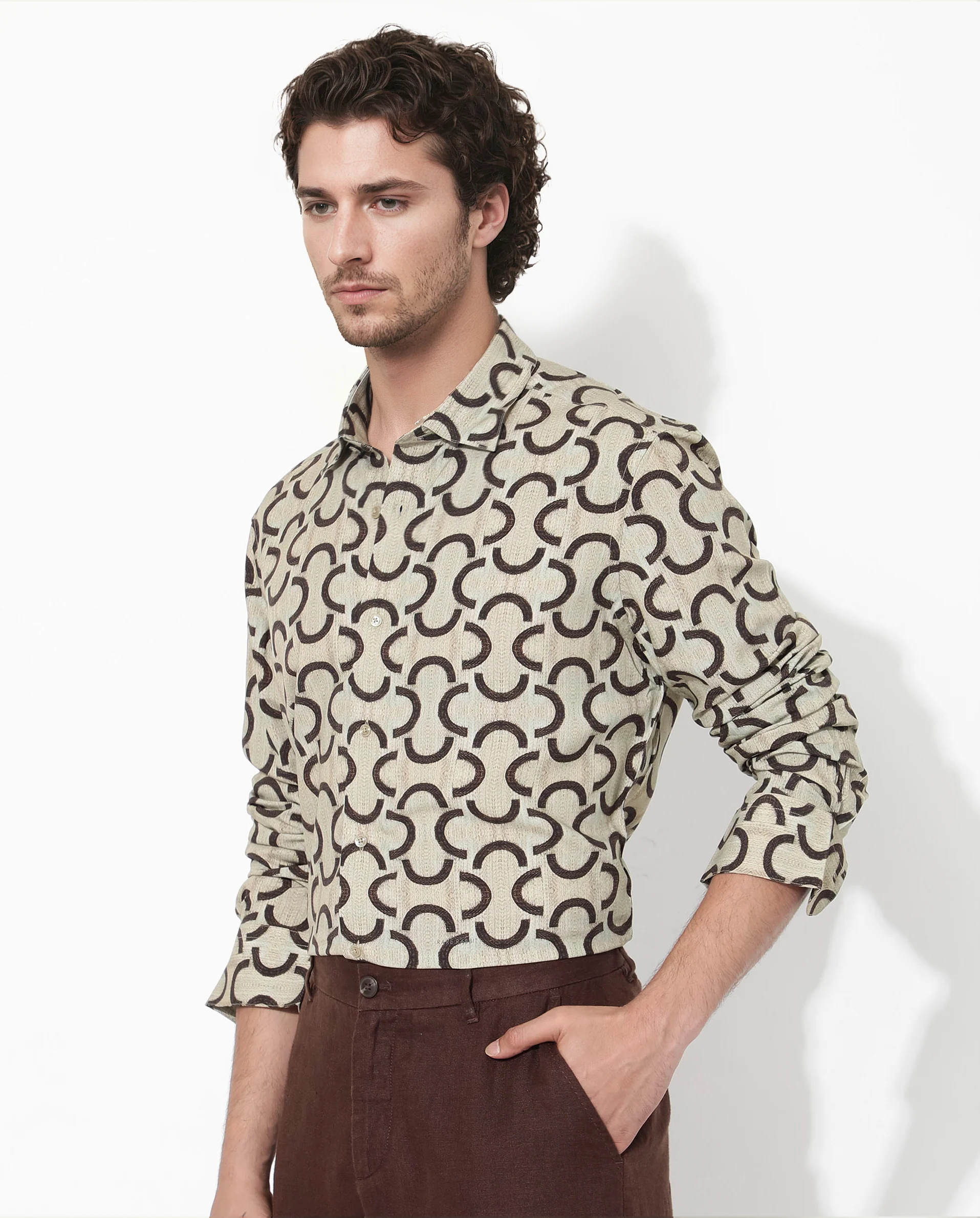 Rare Rabbit Men's Cason Beige Viscose Geometric Print Regular Fit Full Sleeve Collared Shirt - Image 3