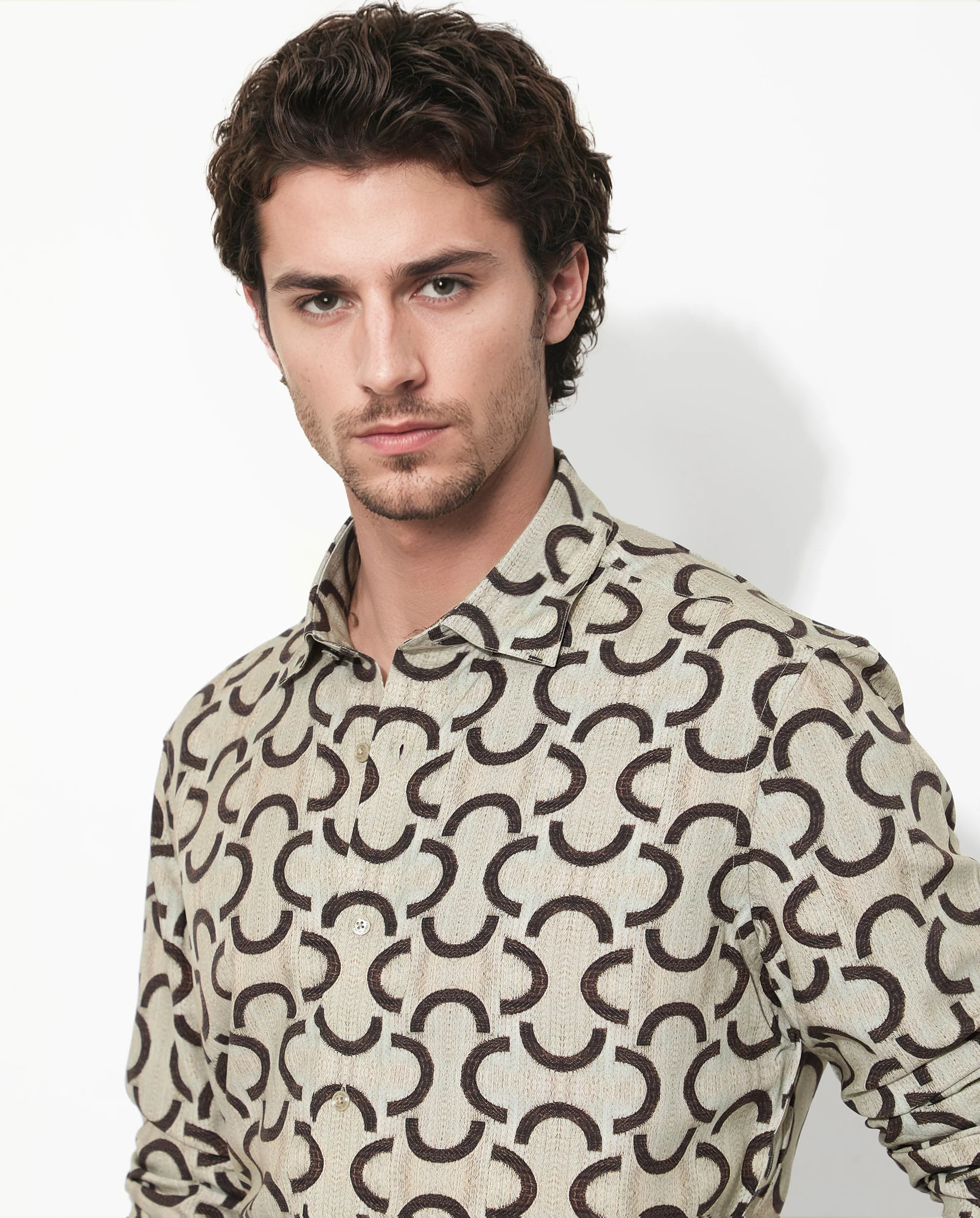Rare Rabbit Men's Cason Beige Viscose Geometric Print Regular Fit Full Sleeve Collared Shirt - Image 4