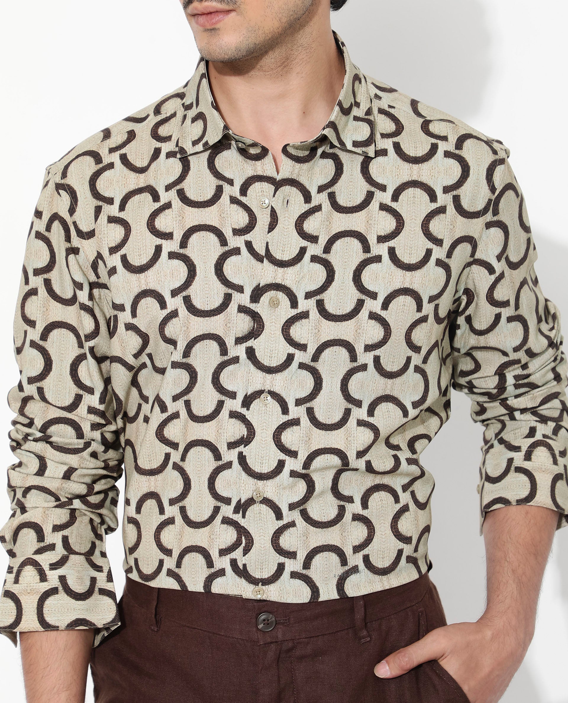 Rare Rabbit Men's Cason Beige Viscose Geometric Print Regular Fit Full Sleeve Collared Shirt - Image 5