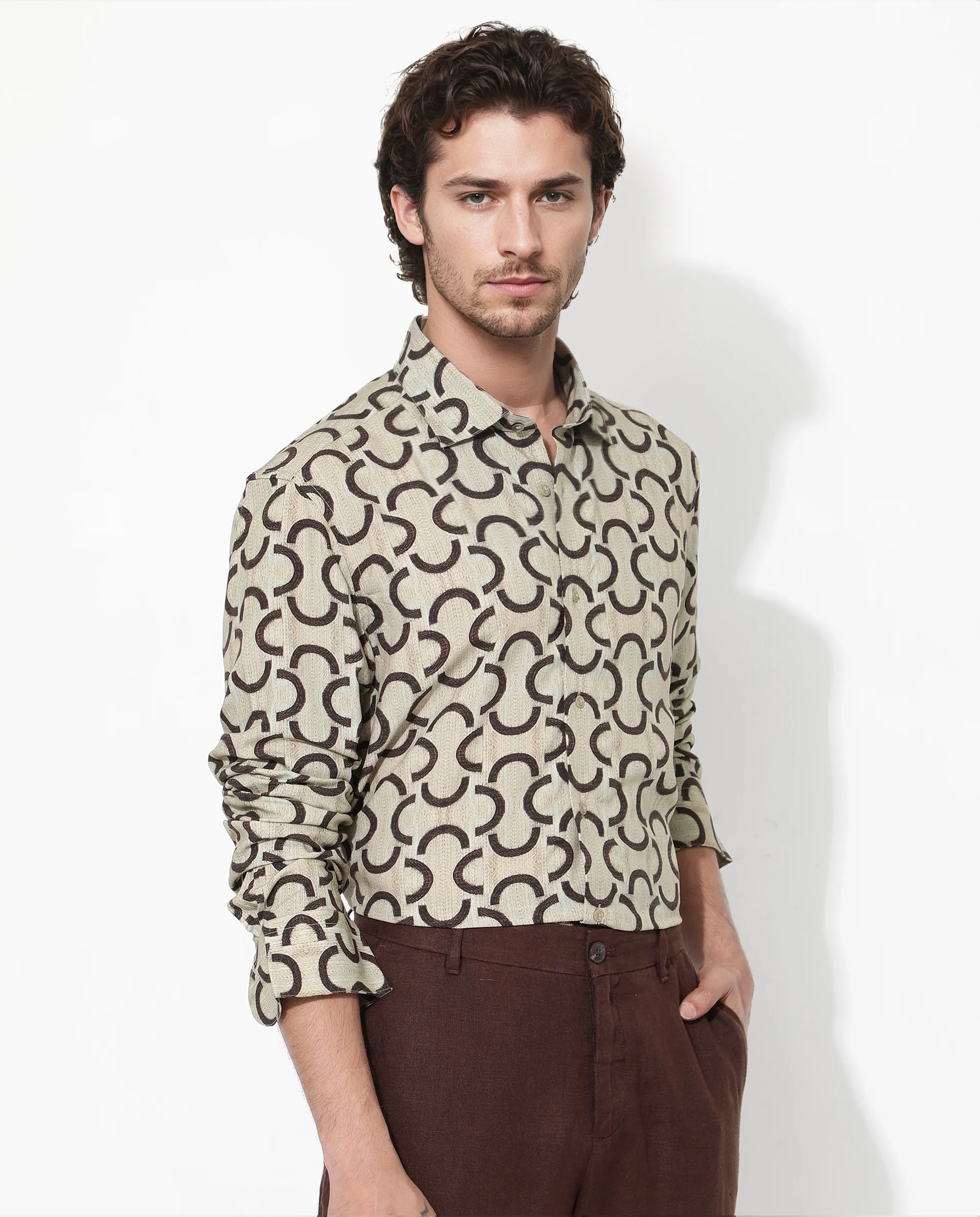 Rare Rabbit Men's Cason Beige Viscose Geometric Print Regular Fit Full Sleeve Collared Shirt - Image 6