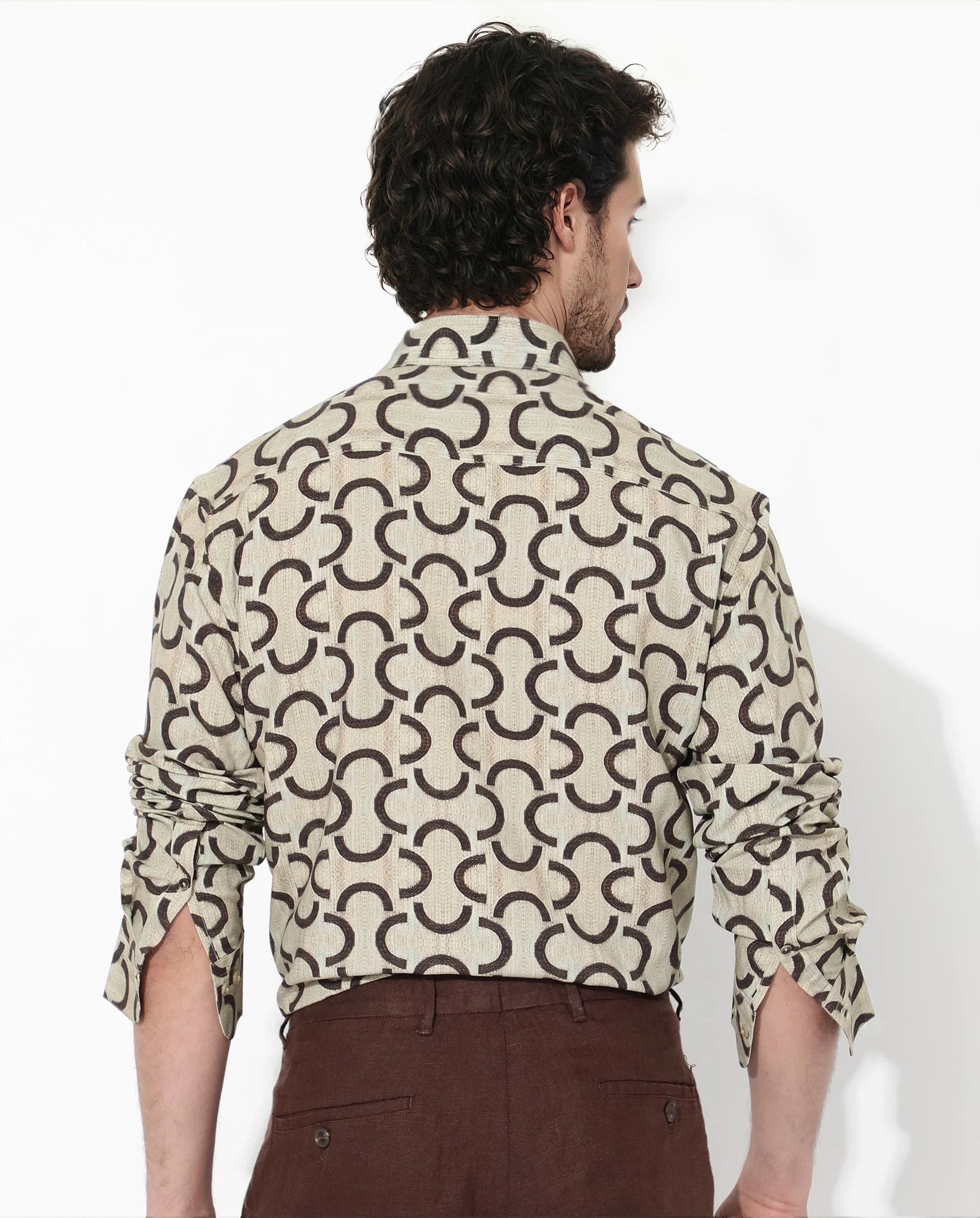Rare Rabbit Men's Cason Beige Viscose Geometric Print Regular Fit Full Sleeve Collared Shirt - Image 7