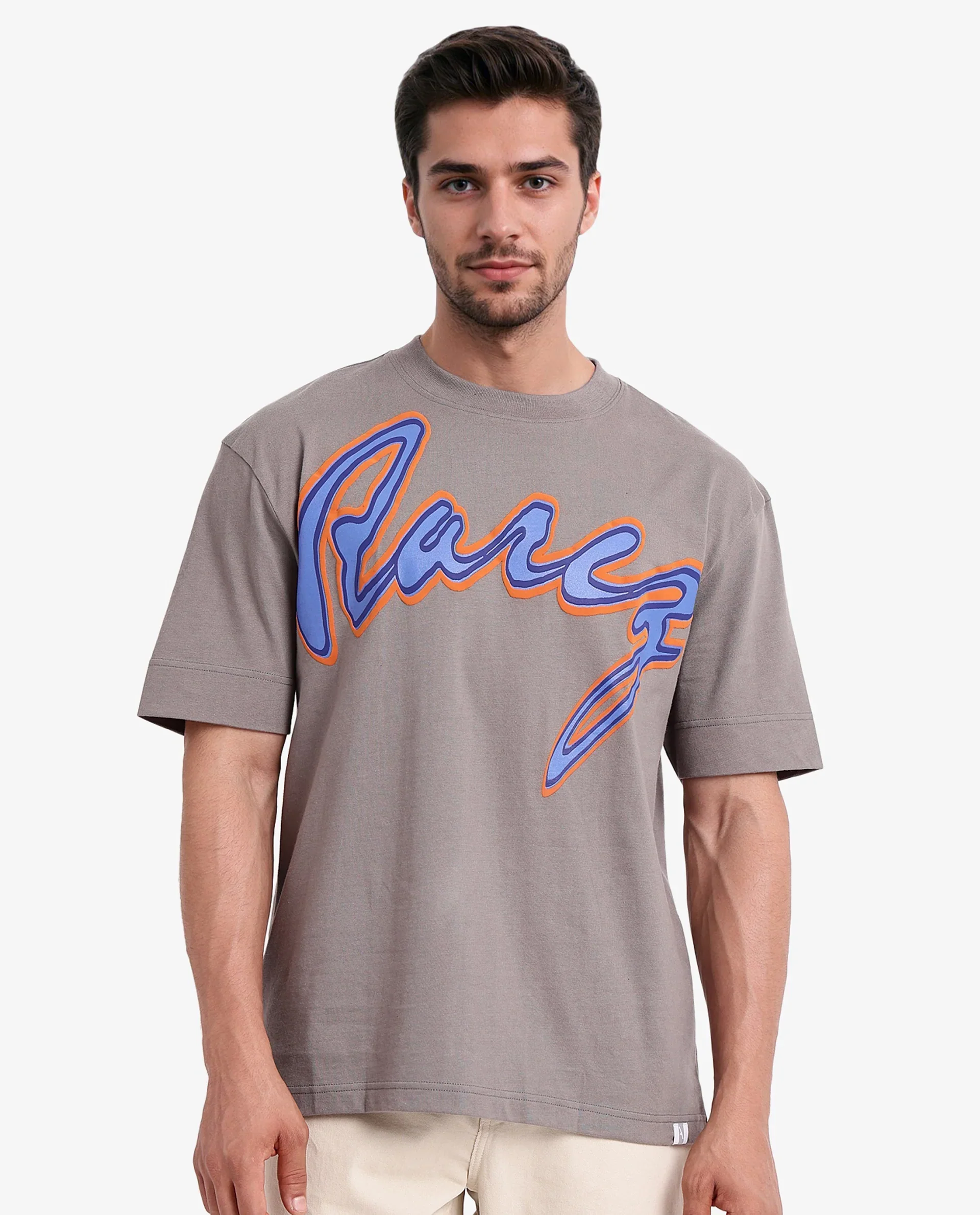 Rare Rabbit Men's Casse Light Grey Cotton Graphic Print Oversized Fit Half Sleeve Crew Neck T-Shirt
