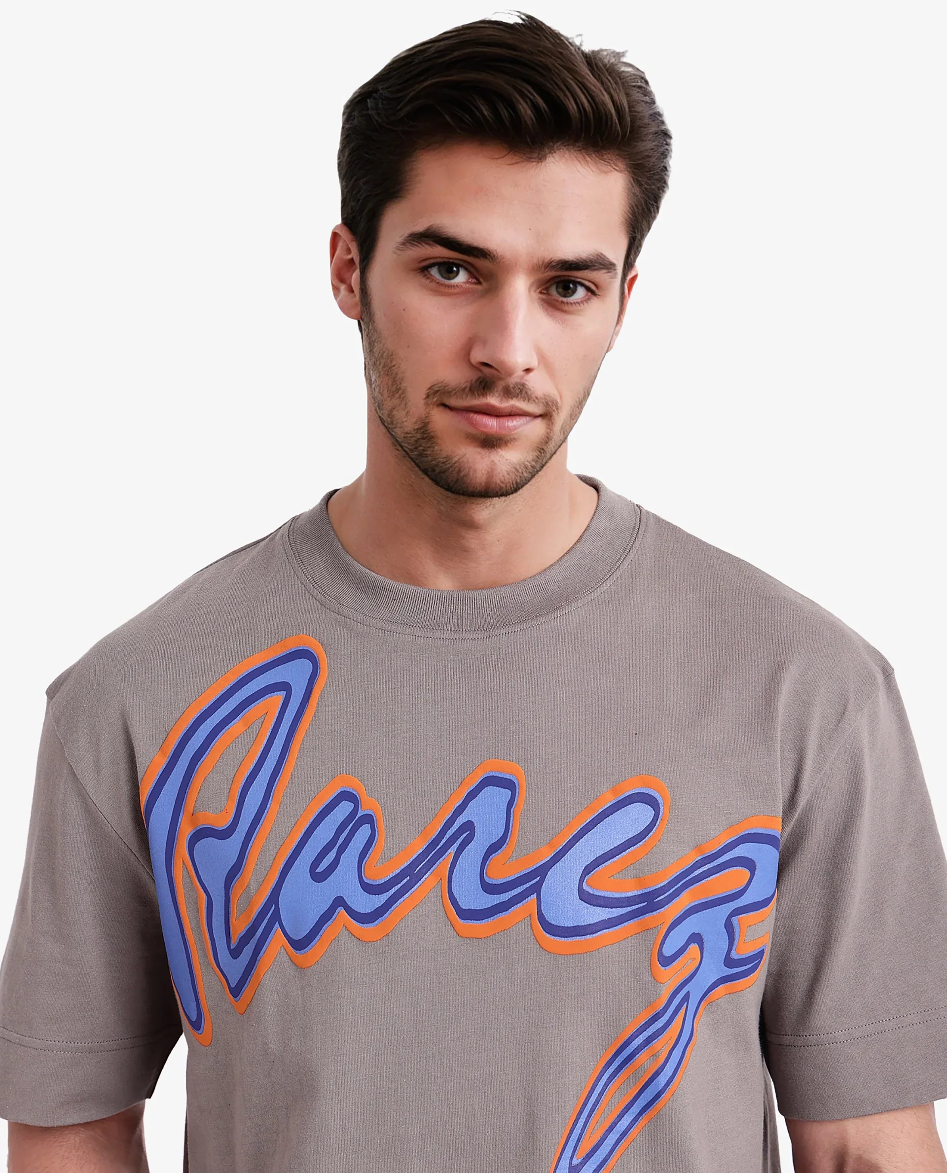 Rare Rabbit Men's Casse Light Grey Cotton Graphic Print Oversized Fit Half Sleeve Crew Neck T-Shirt - Image 2
