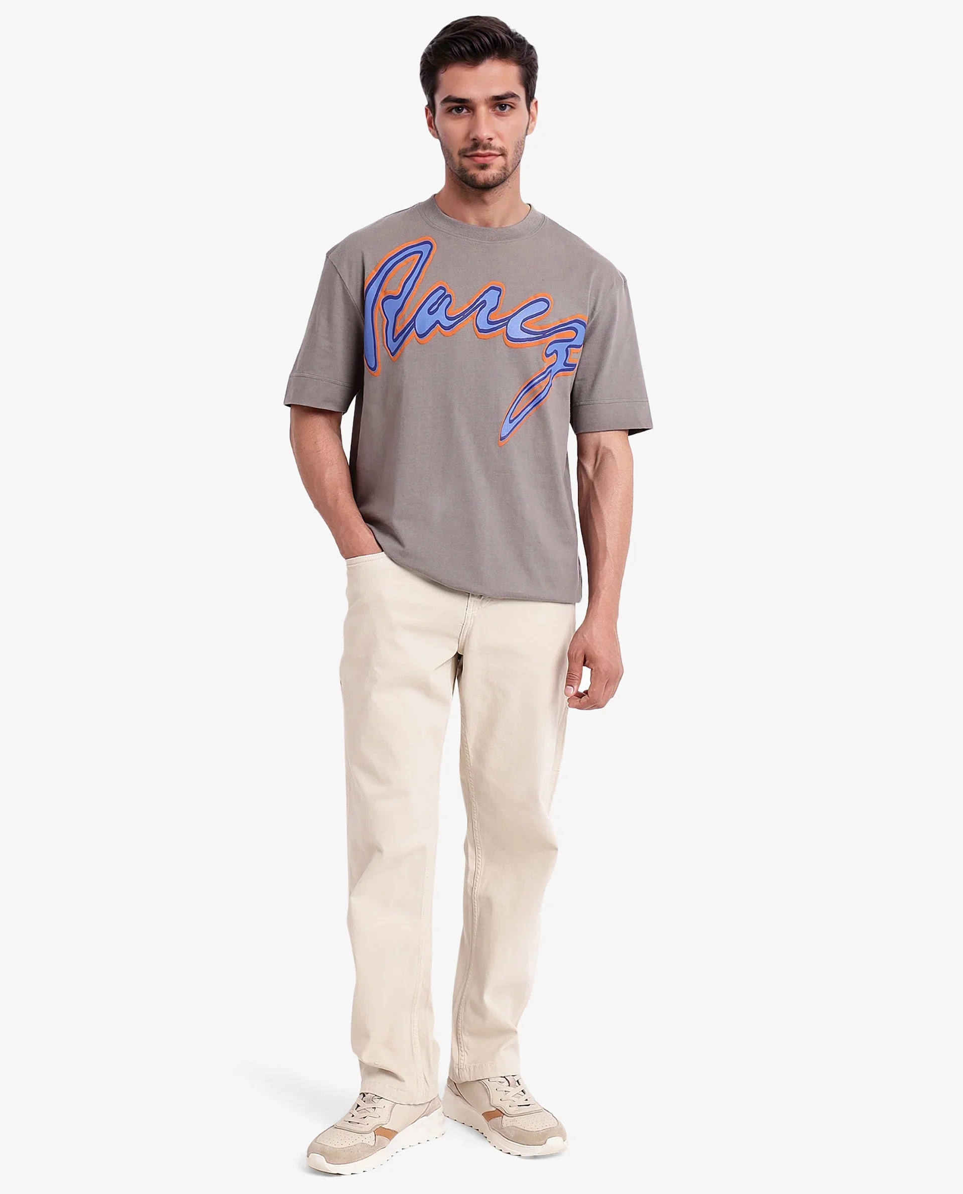 Rare Rabbit Men's Casse Light Grey Cotton Graphic Print Oversized Fit Half Sleeve Crew Neck T-Shirt - Image 3