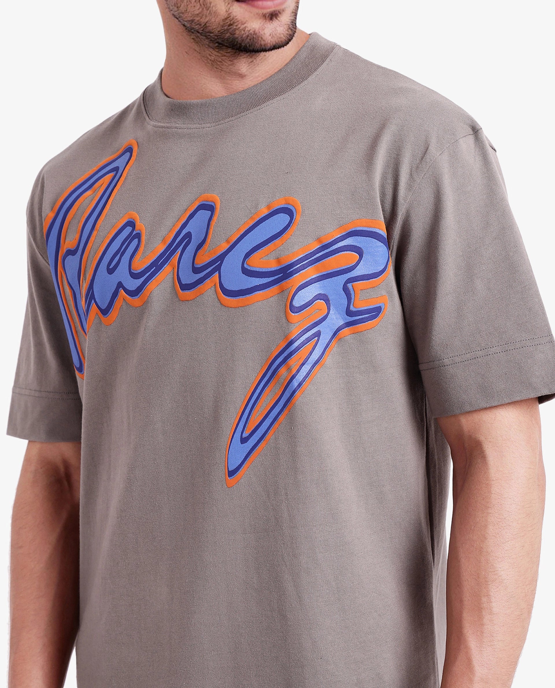 Rare Rabbit Men's Casse Light Grey Cotton Graphic Print Oversized Fit Half Sleeve Crew Neck T-Shirt - Image 4