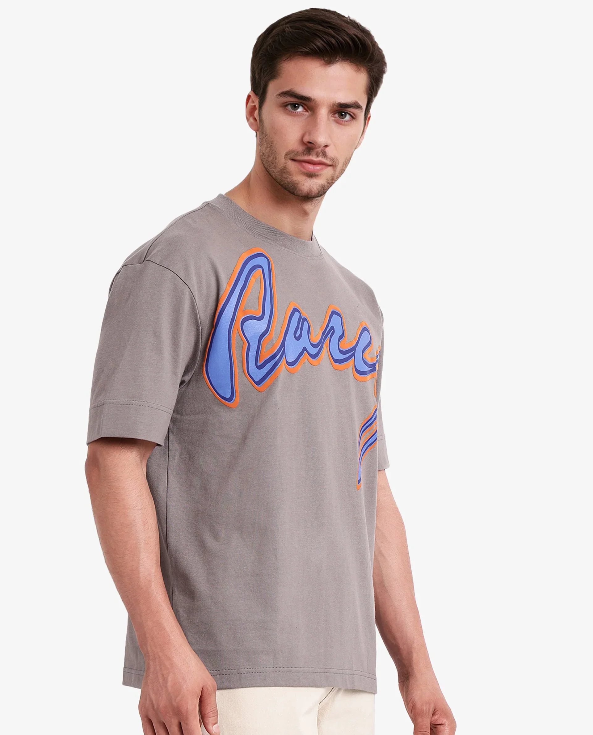 Rare Rabbit Men's Casse Light Grey Cotton Graphic Print Oversized Fit Half Sleeve Crew Neck T-Shirt - Image 6