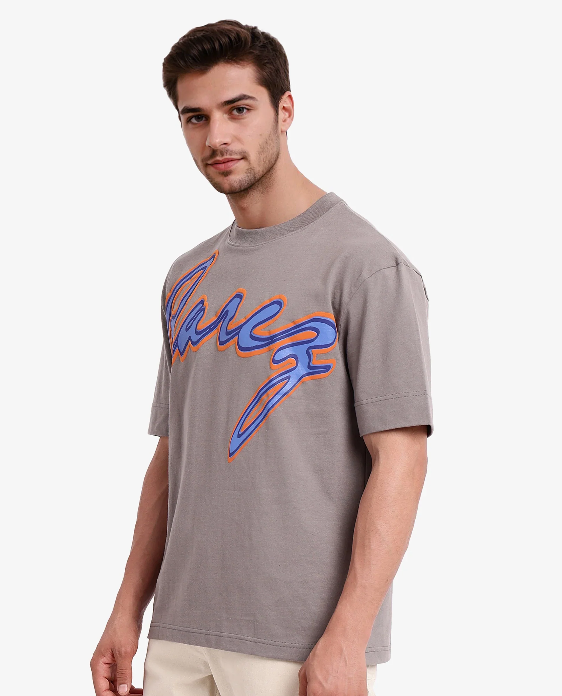 Rare Rabbit Men's Casse Light Grey Cotton Graphic Print Oversized Fit Half Sleeve Crew Neck T-Shirt - Image 7