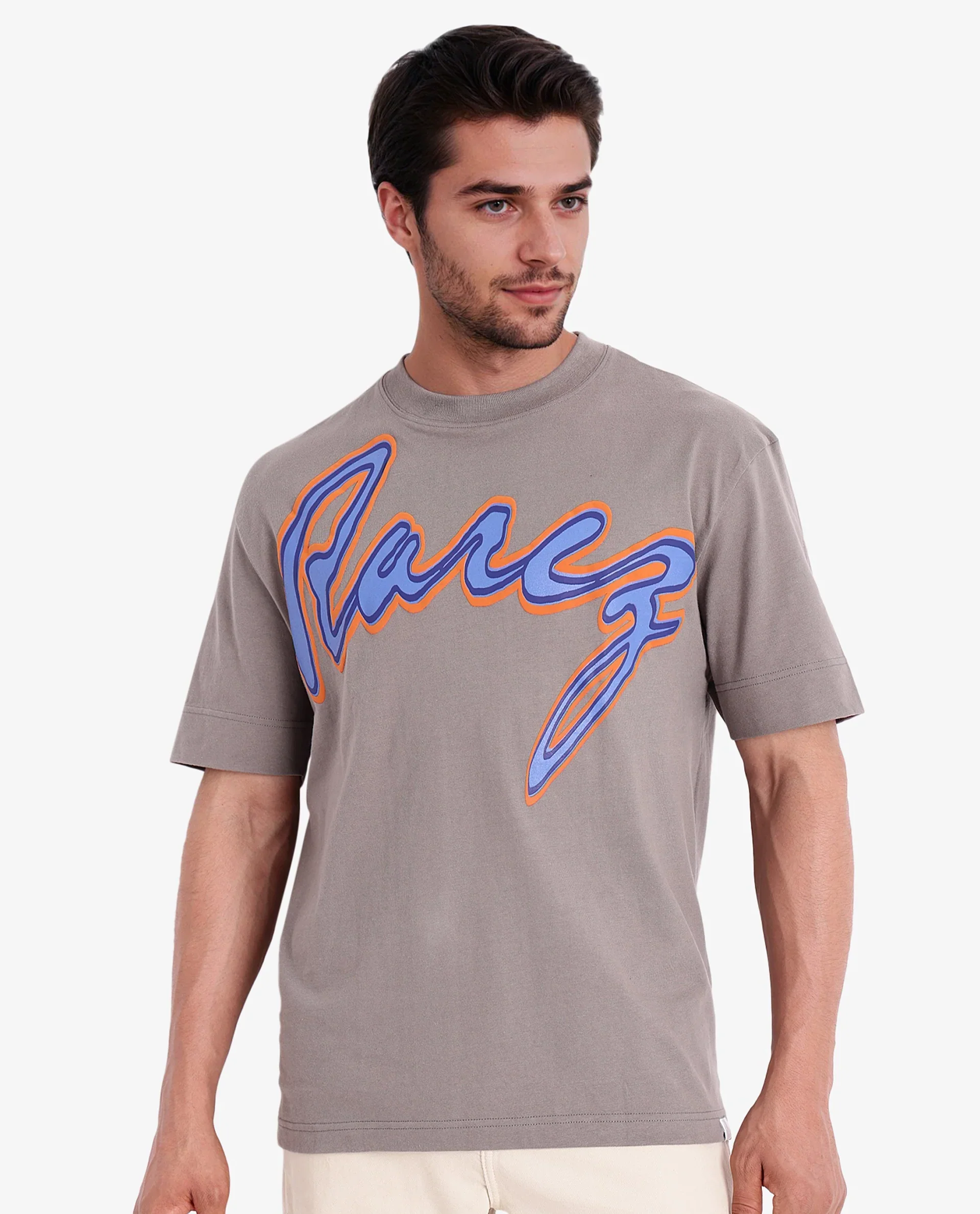 Rare Rabbit Men's Casse Light Grey Cotton Graphic Print Oversized Fit Half Sleeve Crew Neck T-Shirt - Image 8