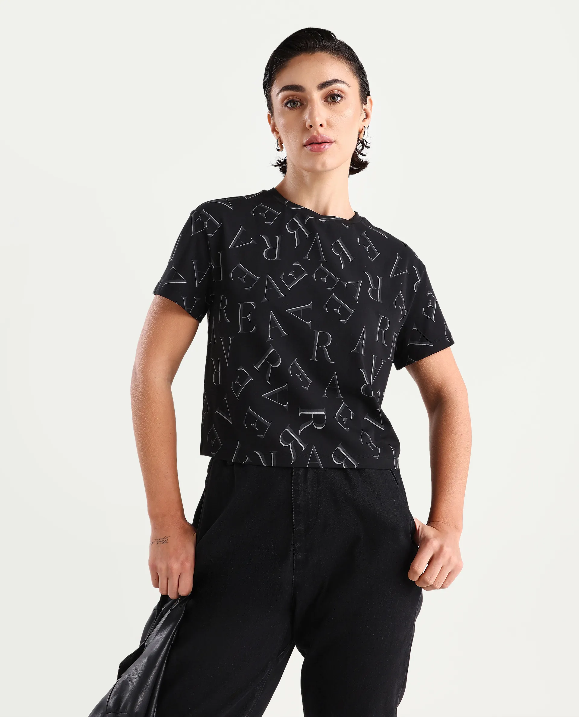 Rareism Women's Cassia Black Cotton Blend Crew Neck Monogram Print Crop Regular Fit T-Shirt
