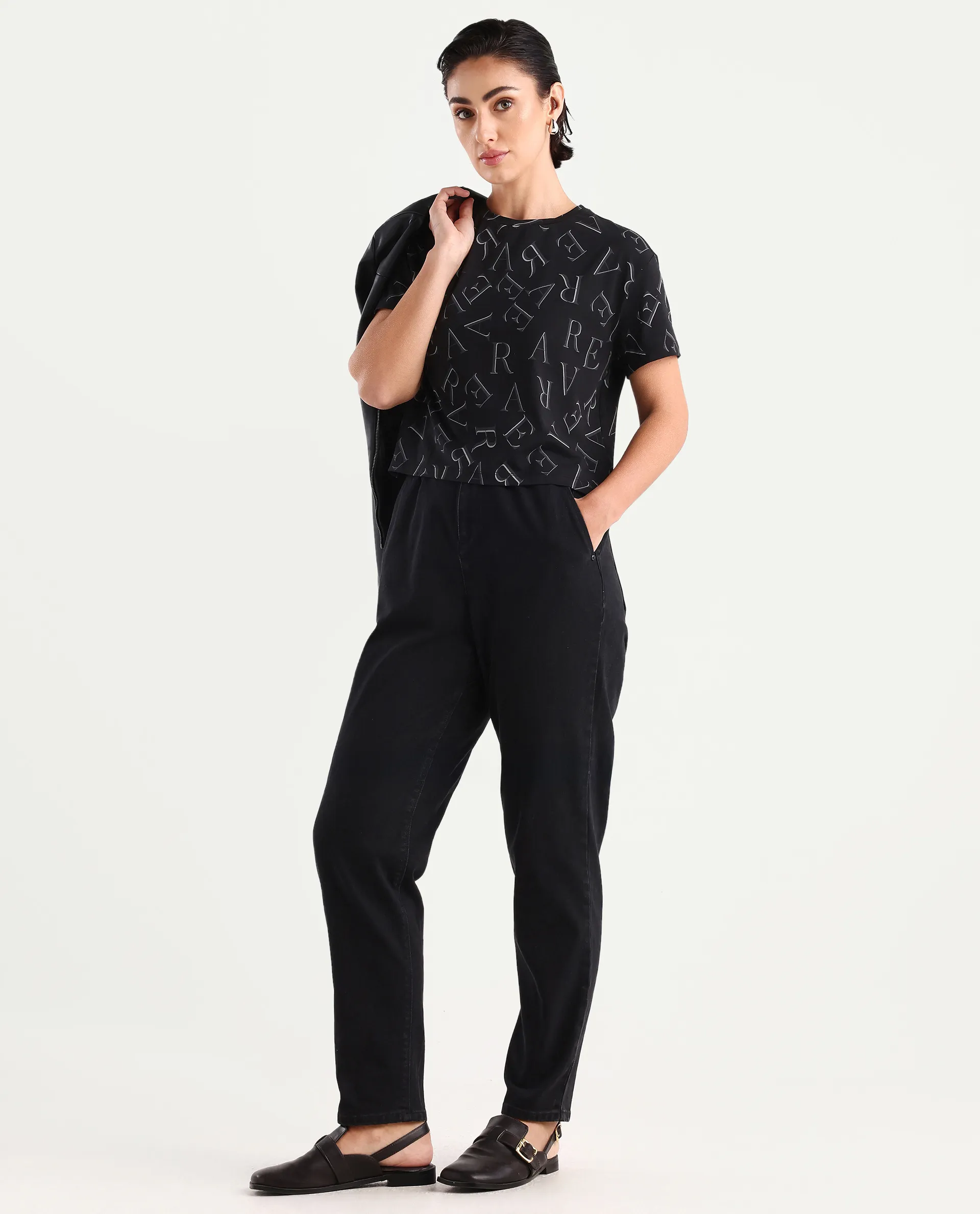 Rareism Women's Cassia Black Cotton Blend Crew Neck Monogram Print Crop Regular Fit T-Shirt - Image 2