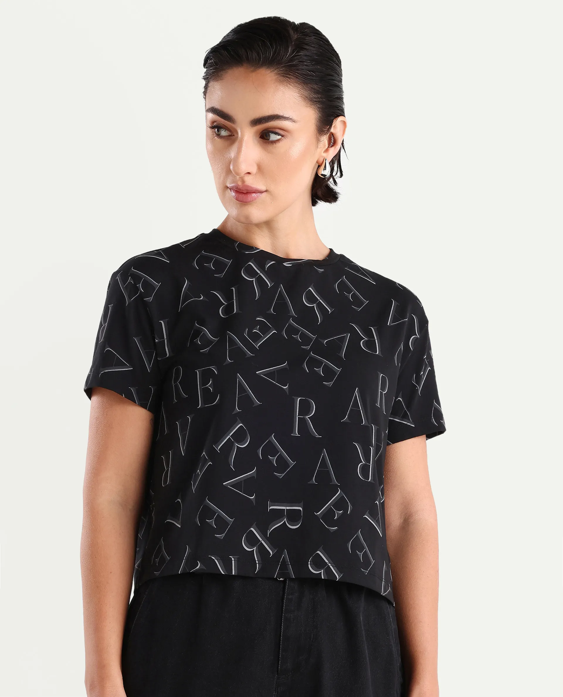 Rareism Women's Cassia Black Cotton Blend Crew Neck Monogram Print Crop Regular Fit T-Shirt - Image 3