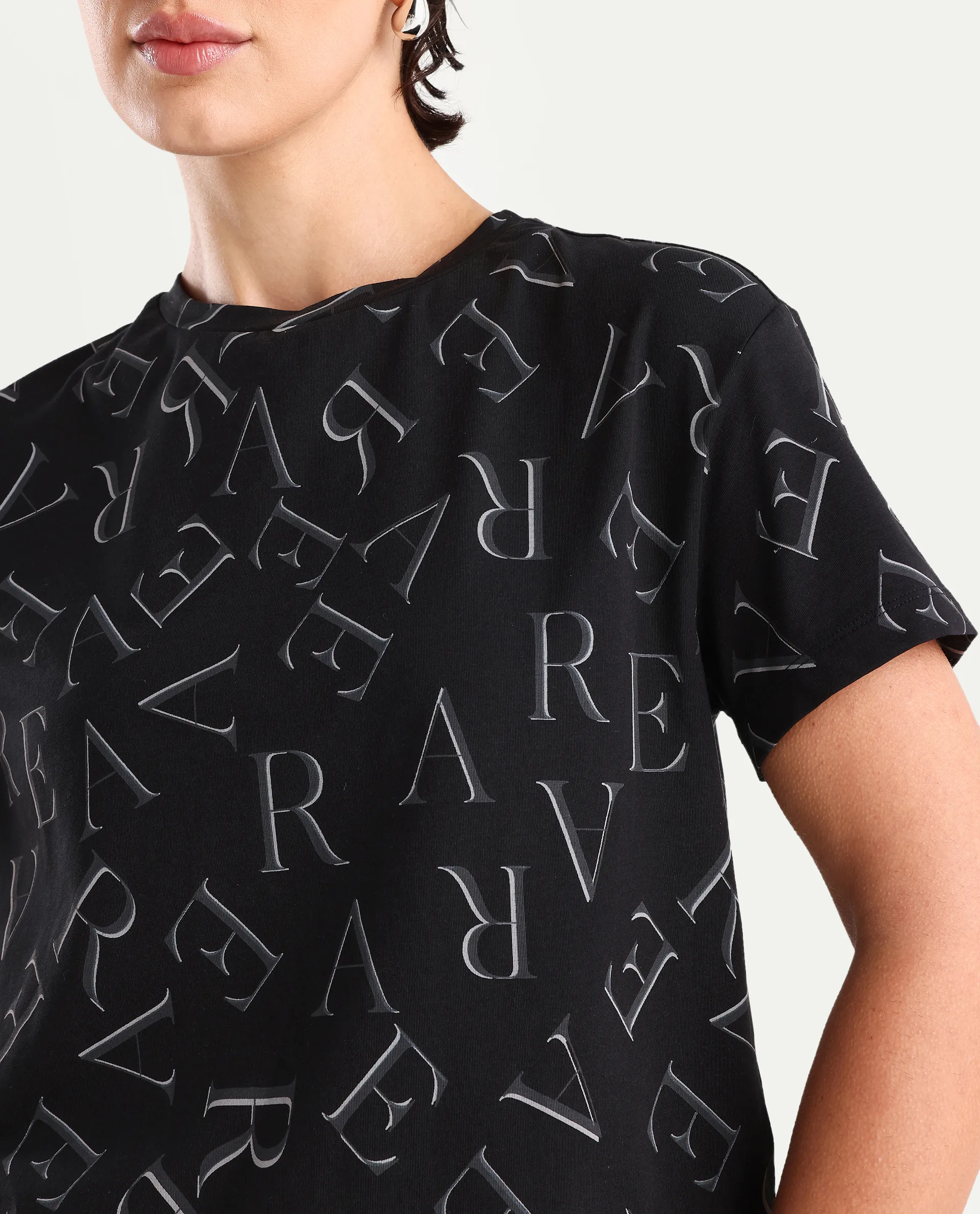 Rareism Women's Cassia Black Cotton Blend Crew Neck Monogram Print Crop Regular Fit T-Shirt - Image 4