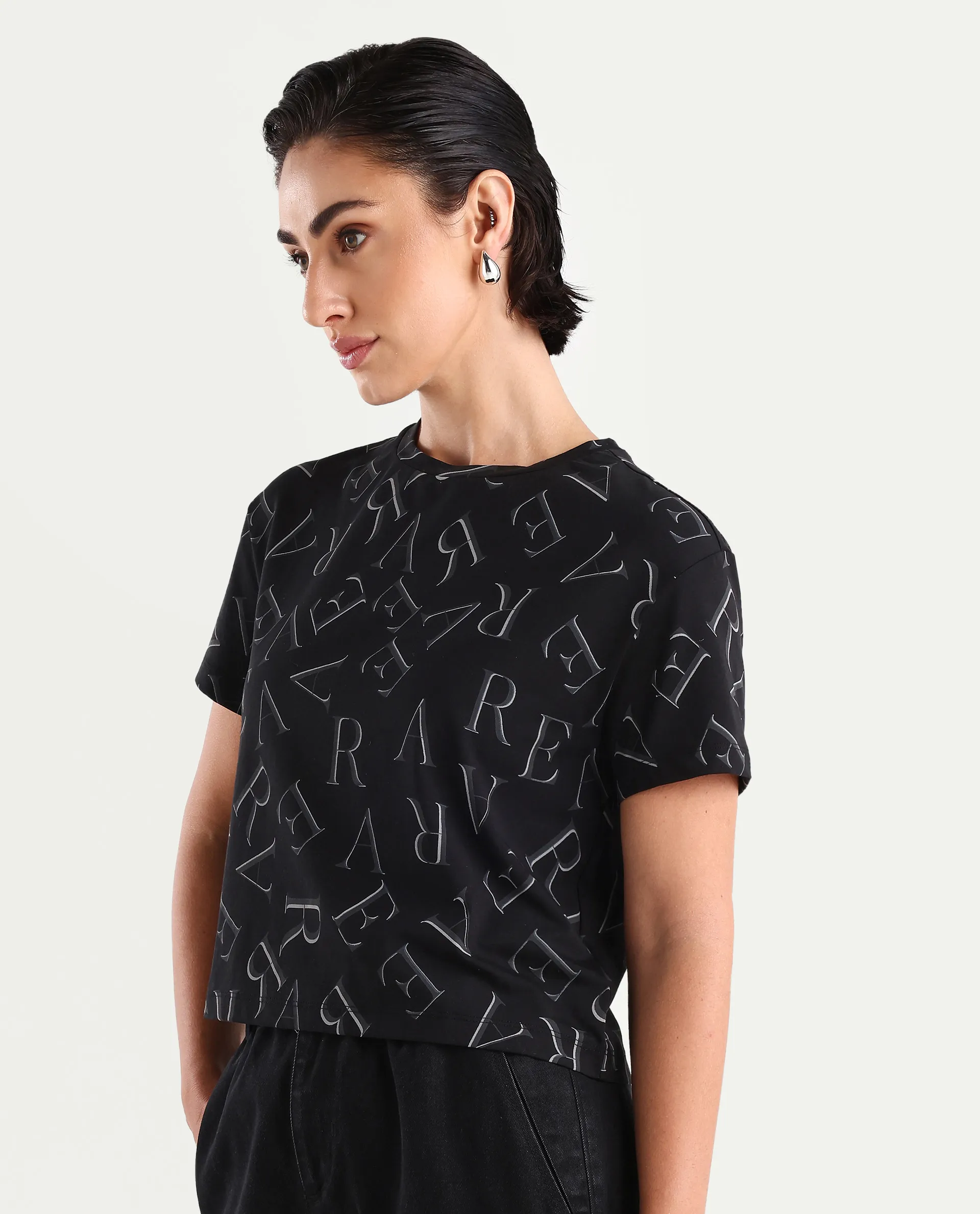 Rareism Women's Cassia Black Cotton Blend Crew Neck Monogram Print Crop Regular Fit T-Shirt - Image 5