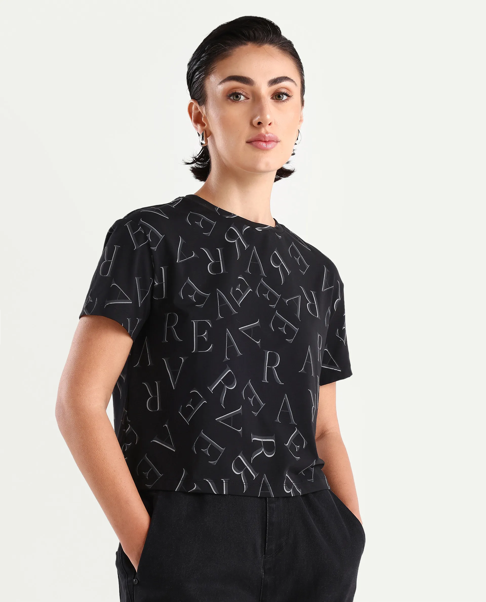 Rareism Women's Cassia Black Cotton Blend Crew Neck Monogram Print Crop Regular Fit T-Shirt - Image 6