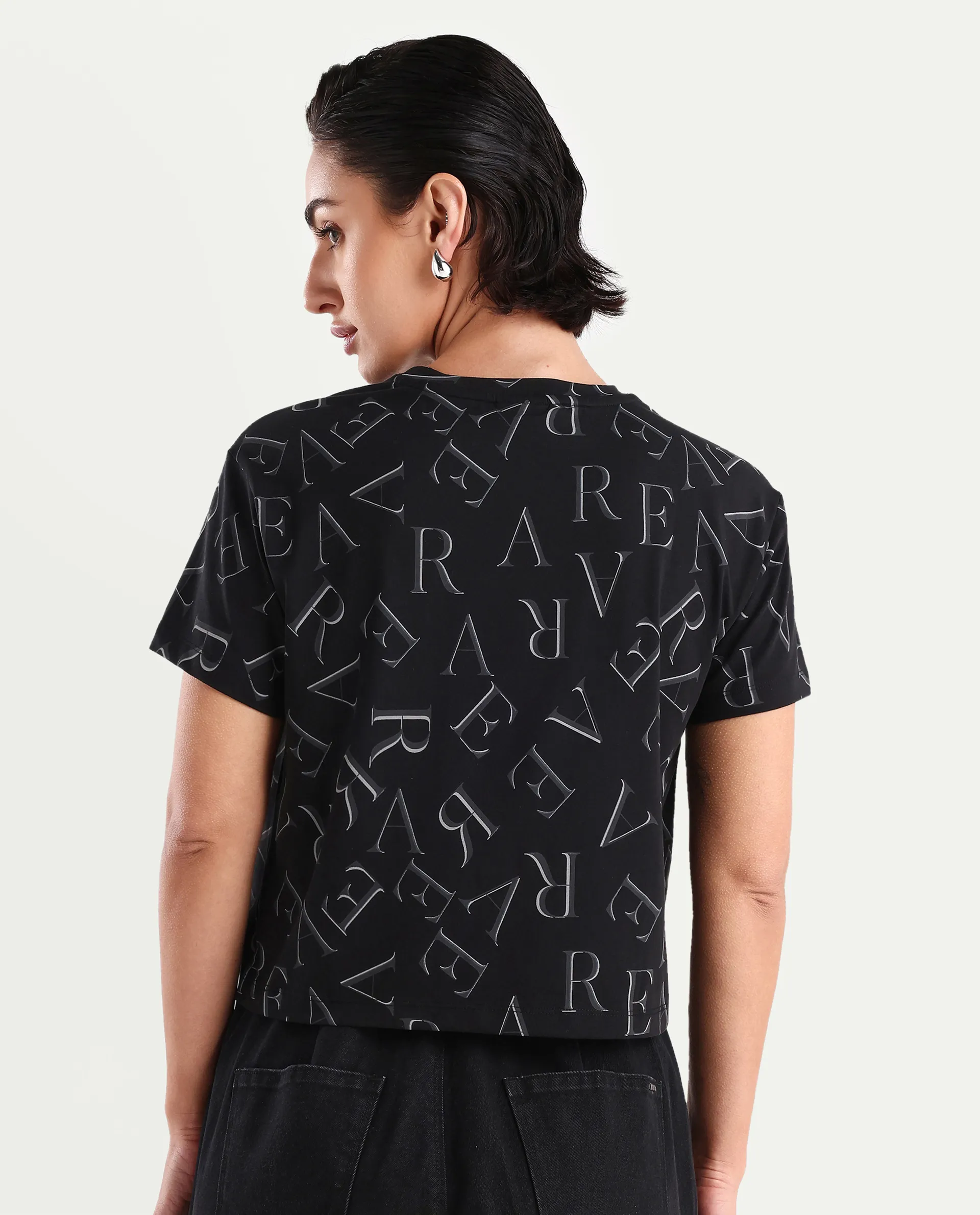 Rareism Women's Cassia Black Cotton Blend Crew Neck Monogram Print Crop Regular Fit T-Shirt - Image 7