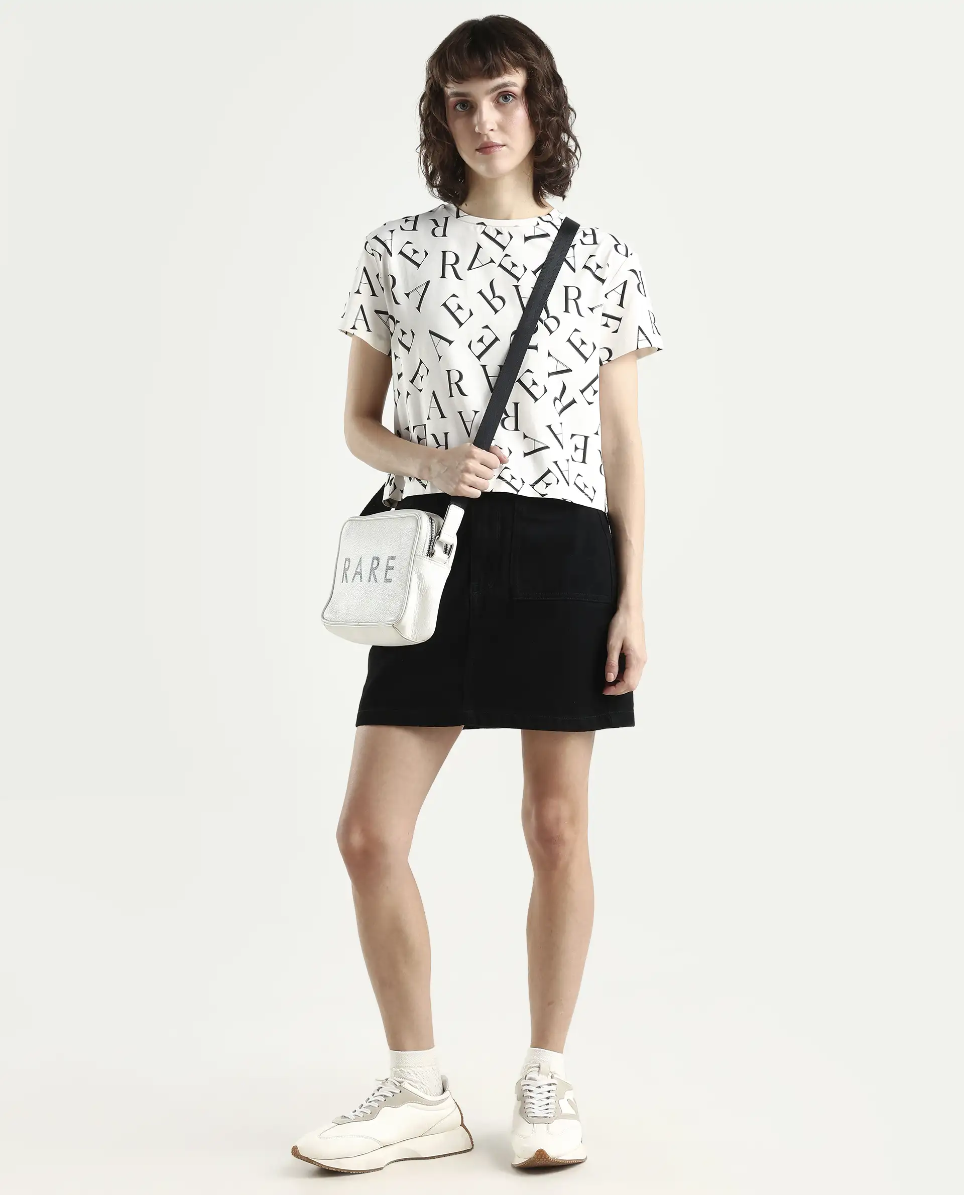Rareism Women's Cassia Off White Cotton Blend Crew Neck Monogram Print Crop Regular Fit T-Shirt - Image 2