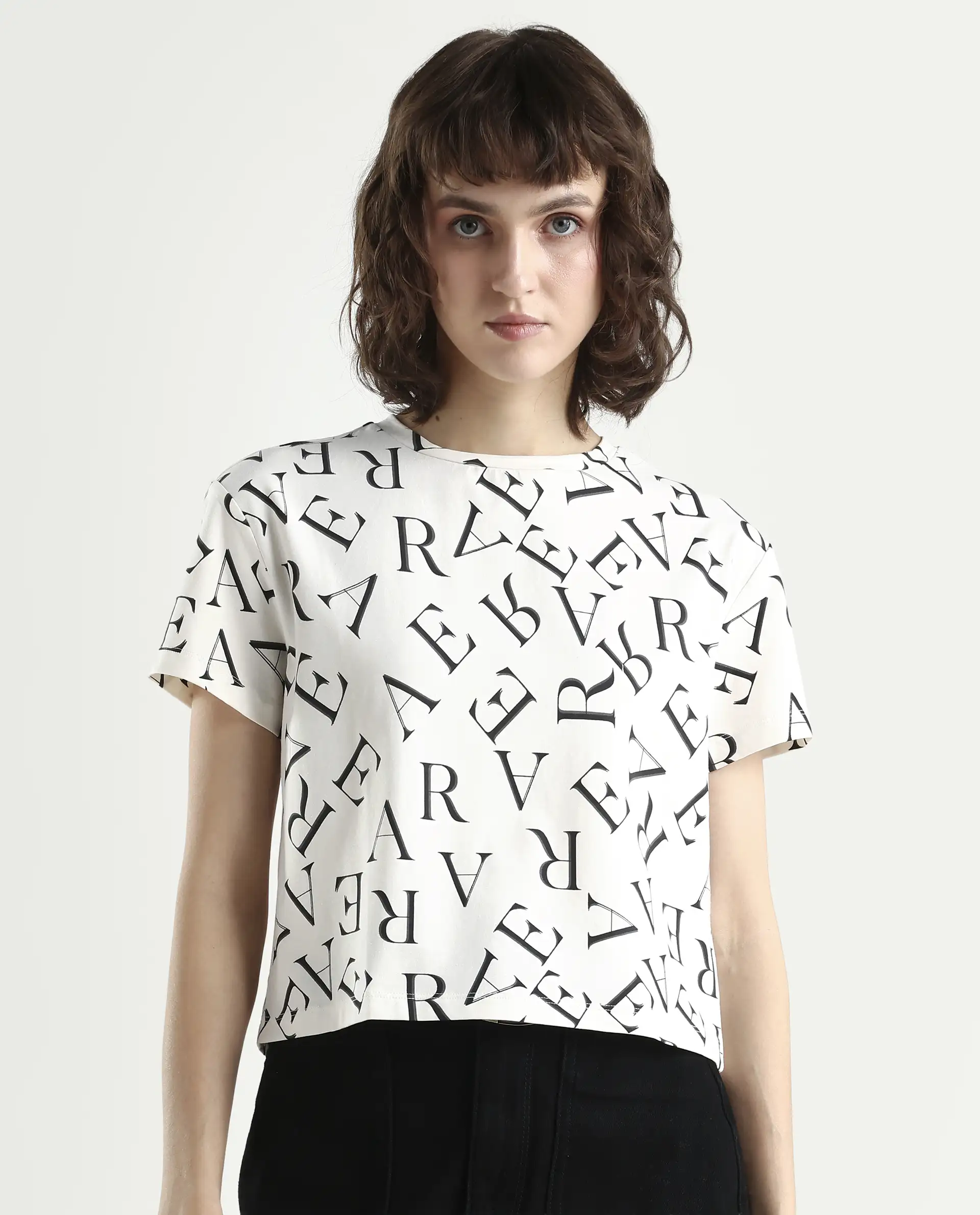 Rareism Women's Cassia Off White Cotton Blend Crew Neck Monogram Print Crop Regular Fit T-Shirt - Image 3
