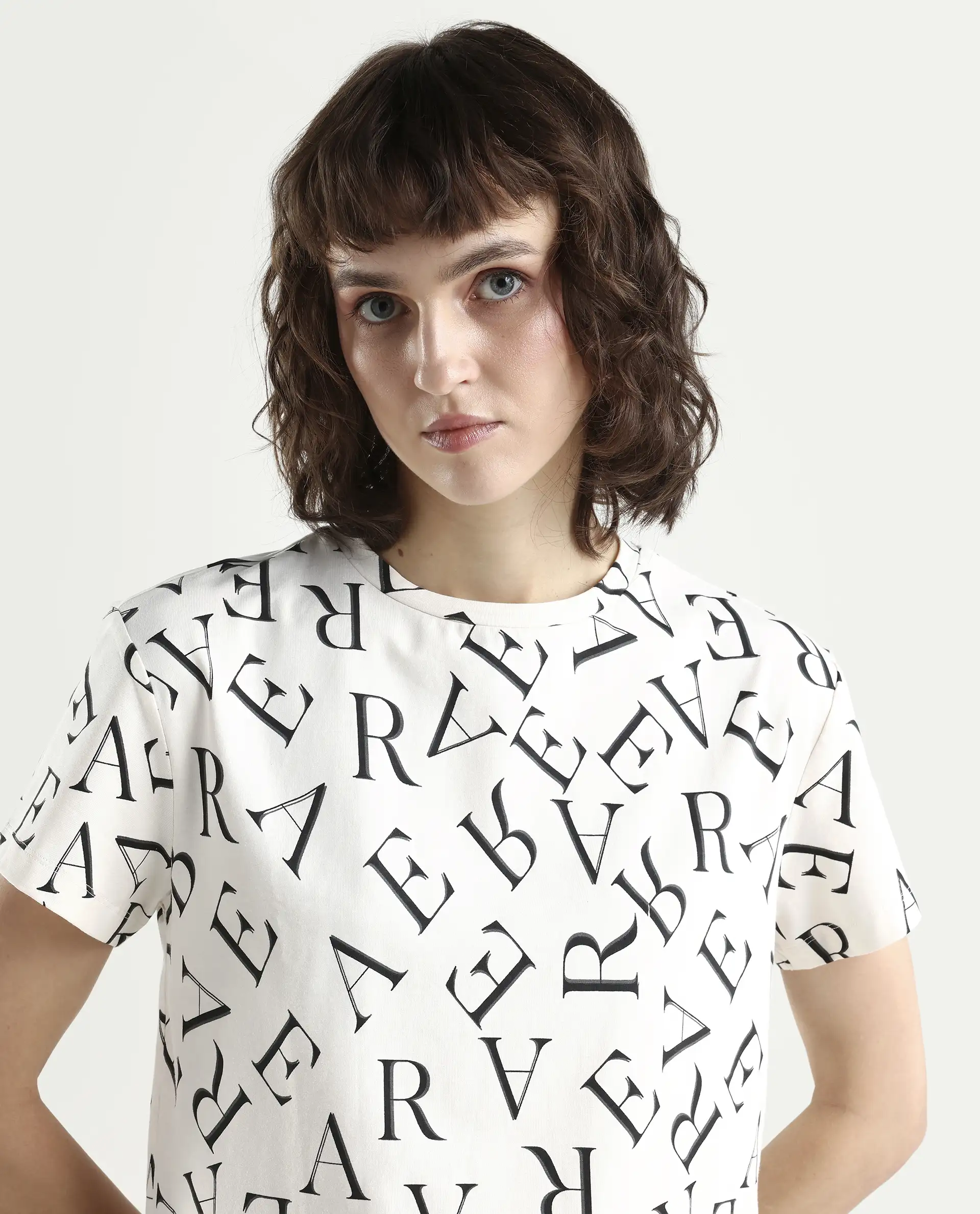 Rareism Women's Cassia Off White Cotton Blend Crew Neck Monogram Print Crop Regular Fit T-Shirt - Image 4