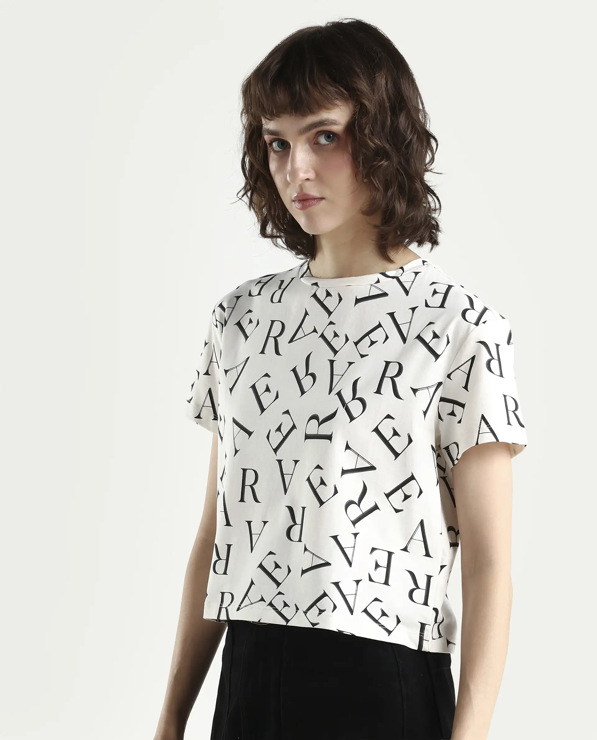 Rareism Women's Cassia Off White Cotton Blend Crew Neck Monogram Print Crop Regular Fit T-Shirt - Image 5