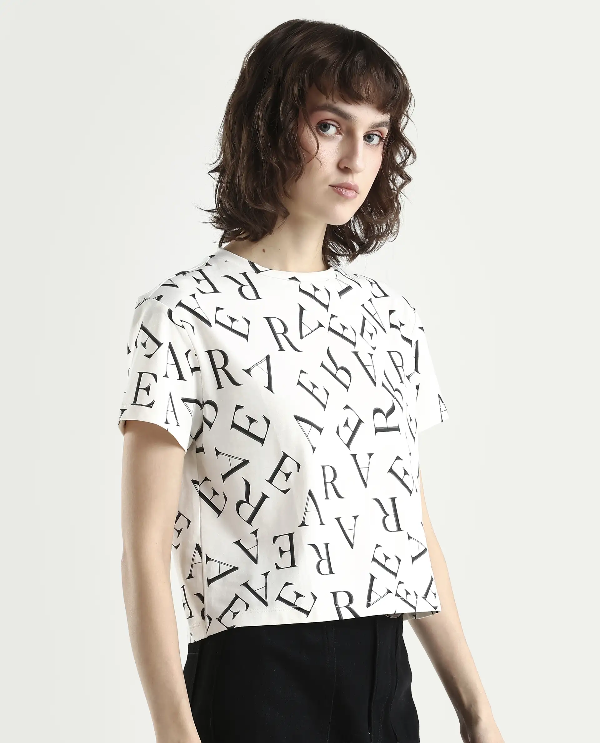 Rareism Women's Cassia Off White Cotton Blend Crew Neck Monogram Print Crop Regular Fit T-Shirt - Image 6