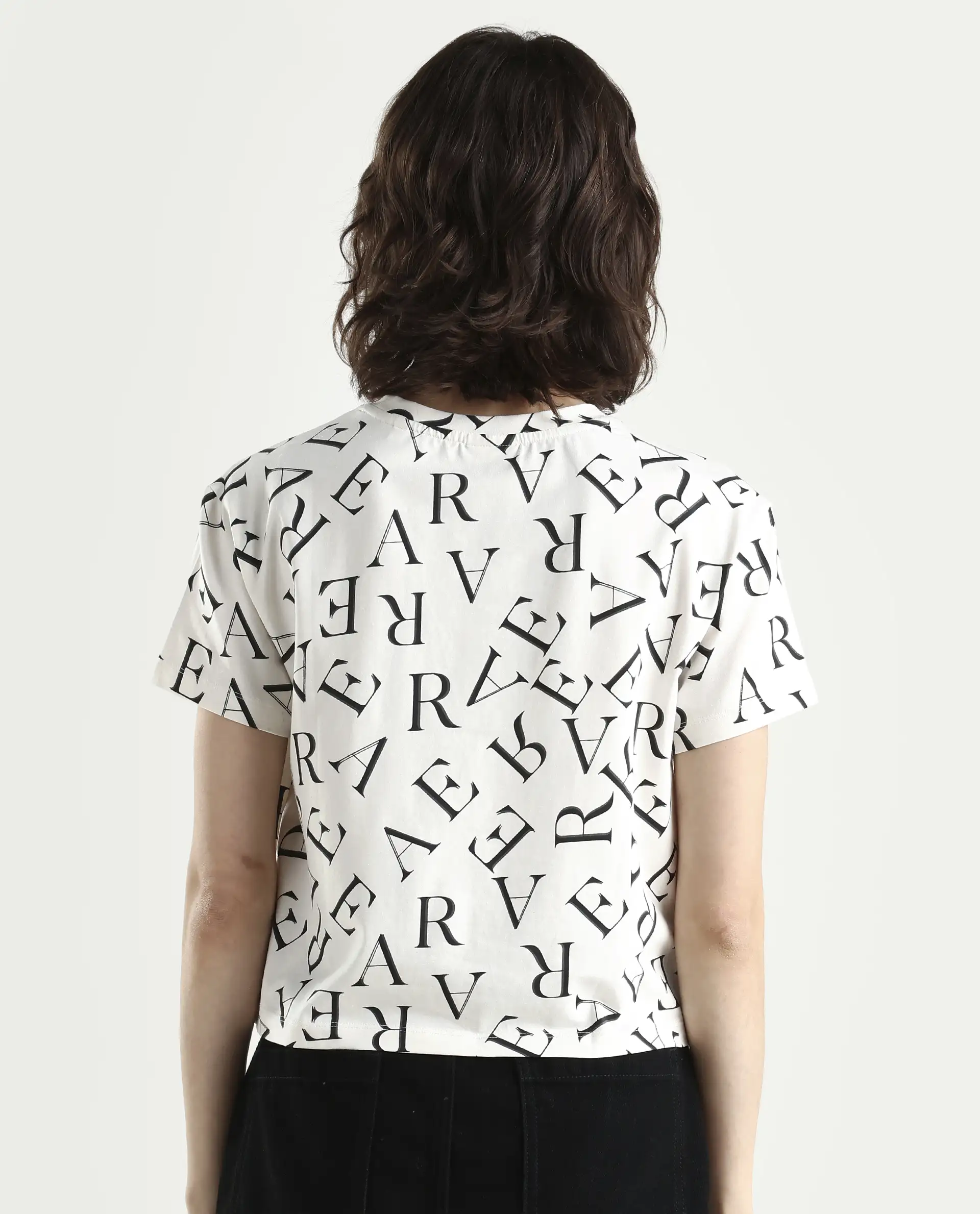 Rareism Women's Cassia Off White Cotton Blend Crew Neck Monogram Print Crop Regular Fit T-Shirt - Image 7
