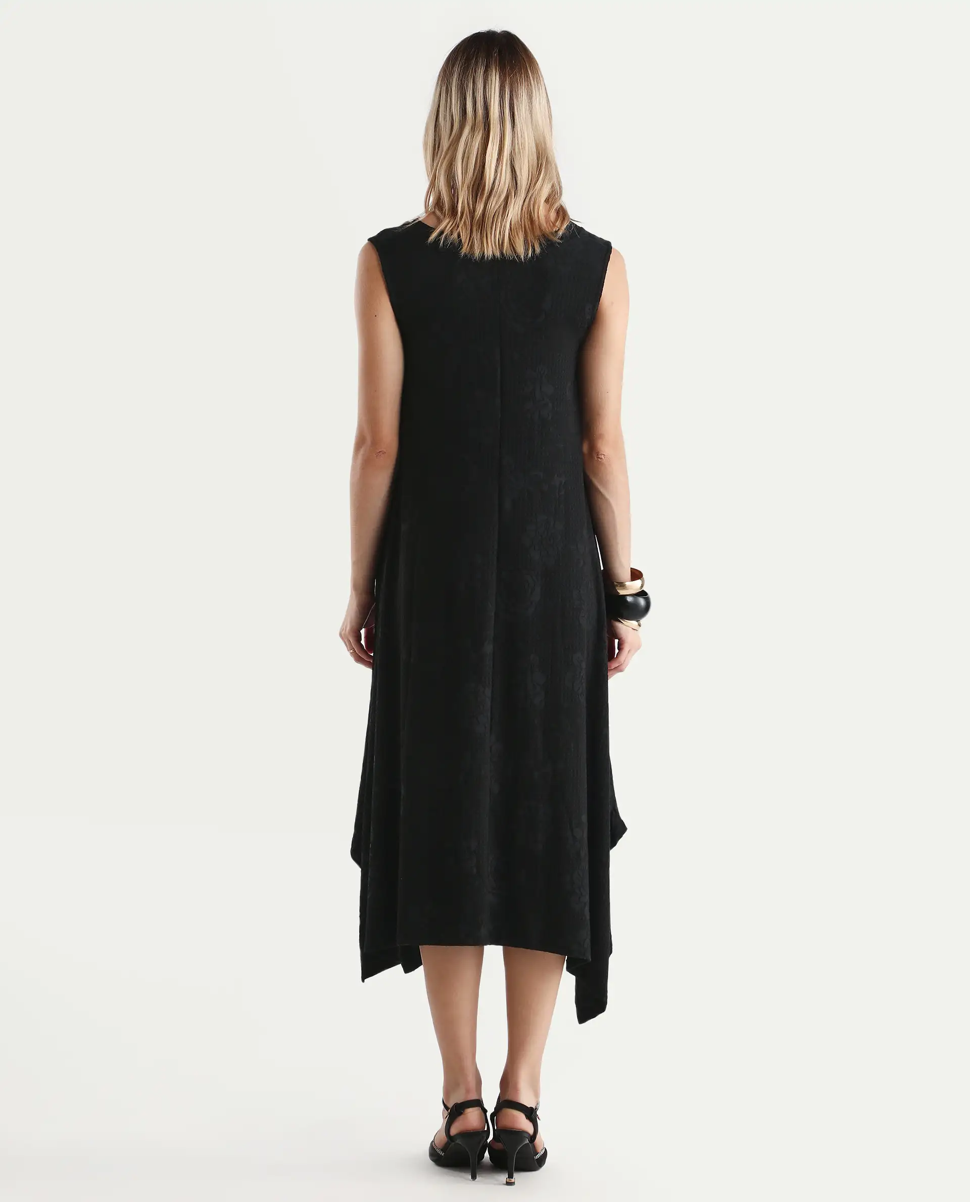 Rareism Women's Cassidy Black Polyester Blend Crew Neck Plain Sleeveless Midi Flared Dress - Image 7