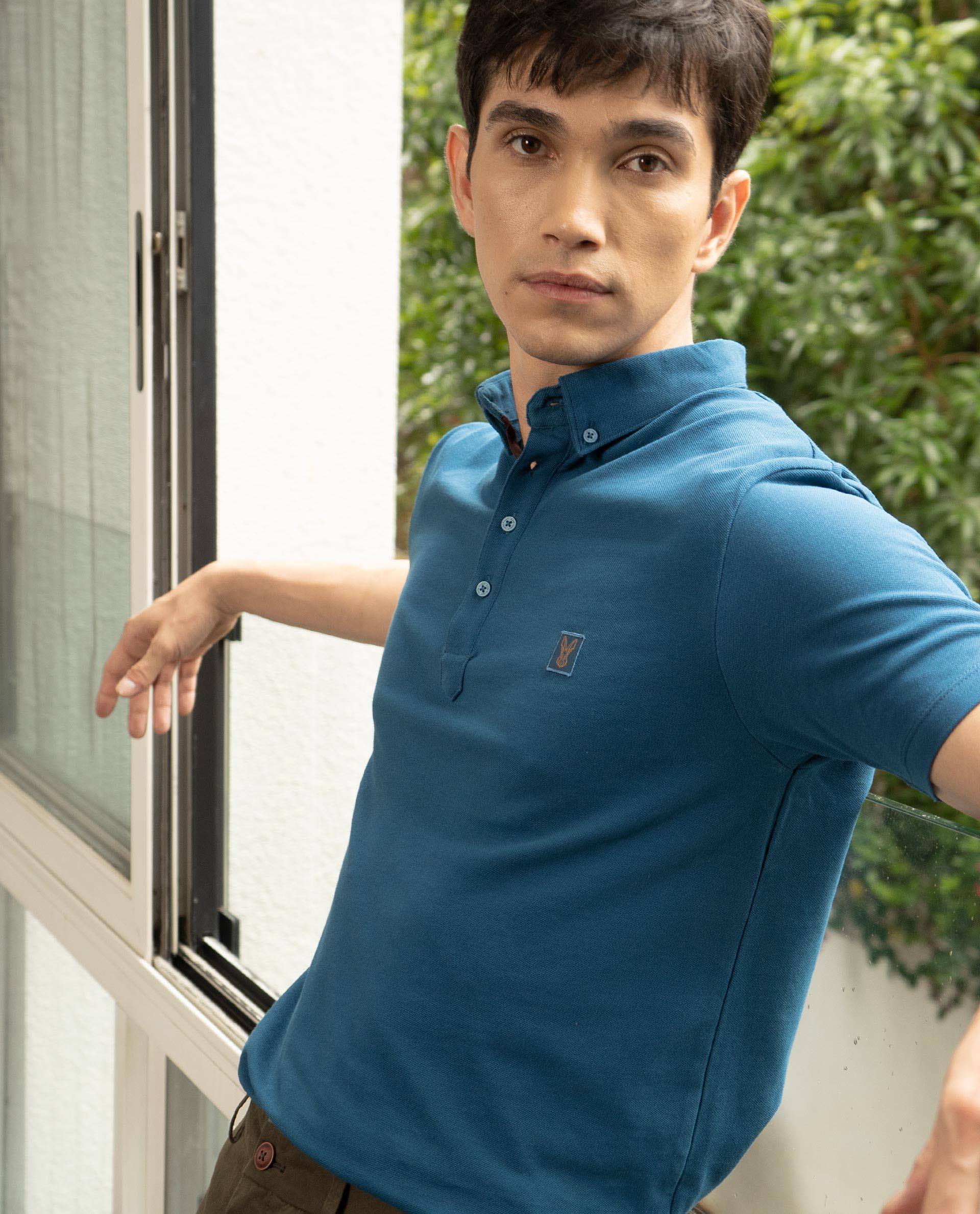 Rare Rabbit Men's Cassini-3 Petrol Cotton Plain Slim Fit Half Sleeve Polo - Image 4