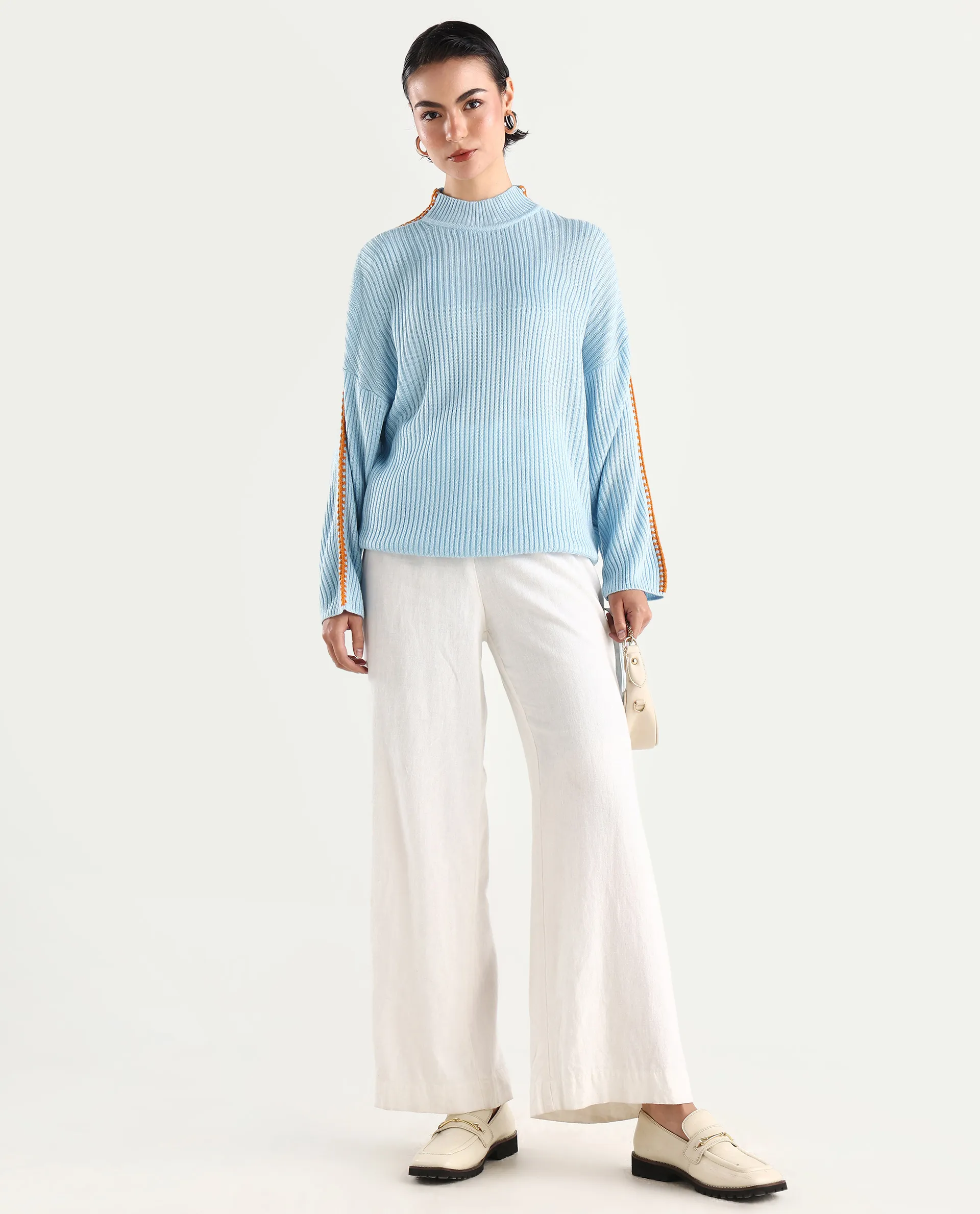 Rareism Women's Cassiopiea Light Blue Acrylic High Neck Plain Relaxed Fit Sweater - Image 2