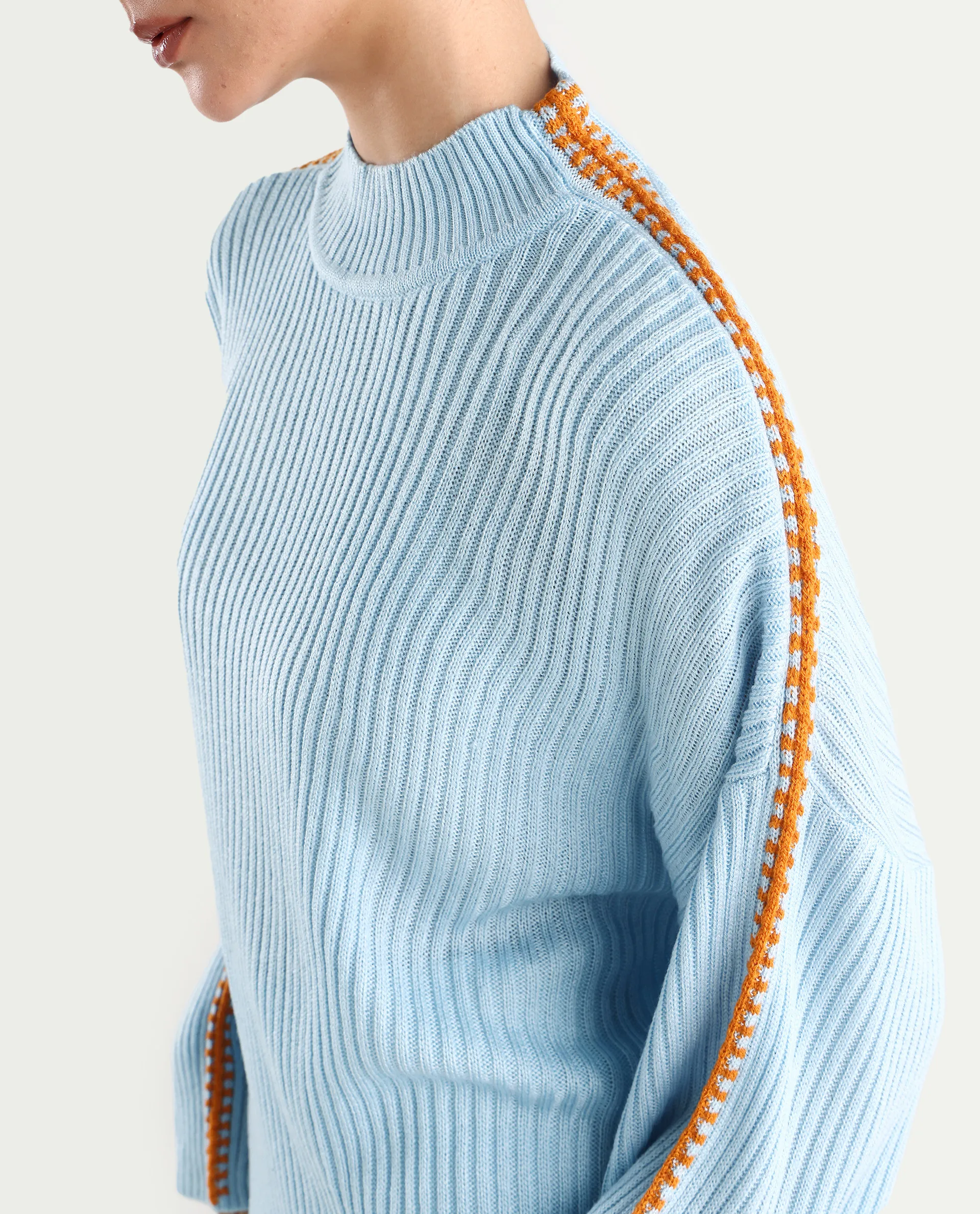 Rareism Women's Cassiopiea Light Blue Acrylic High Neck Plain Relaxed Fit Sweater - Image 3