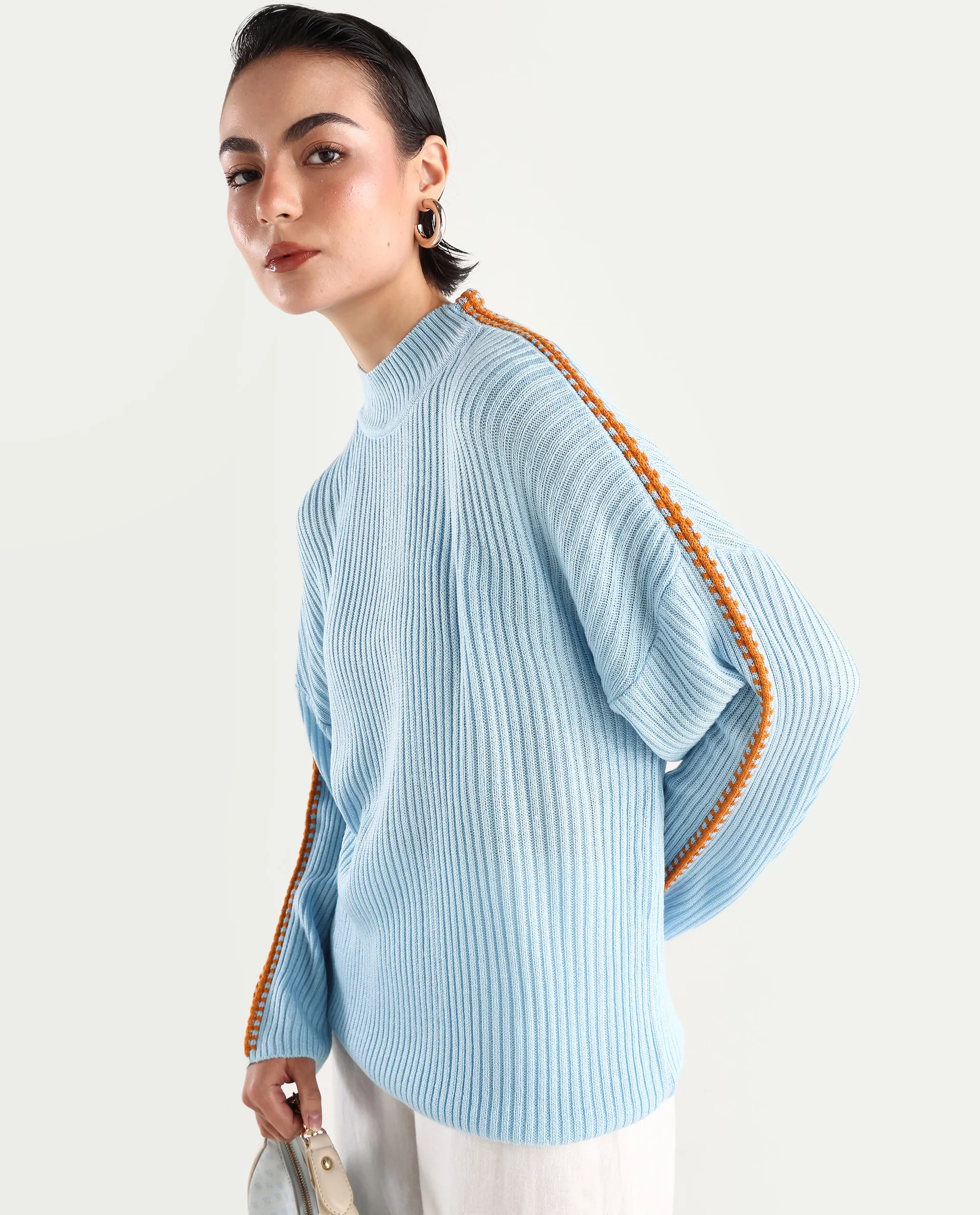 Rareism Women's Cassiopiea Light Blue Acrylic High Neck Plain Relaxed Fit Sweater - Image 4