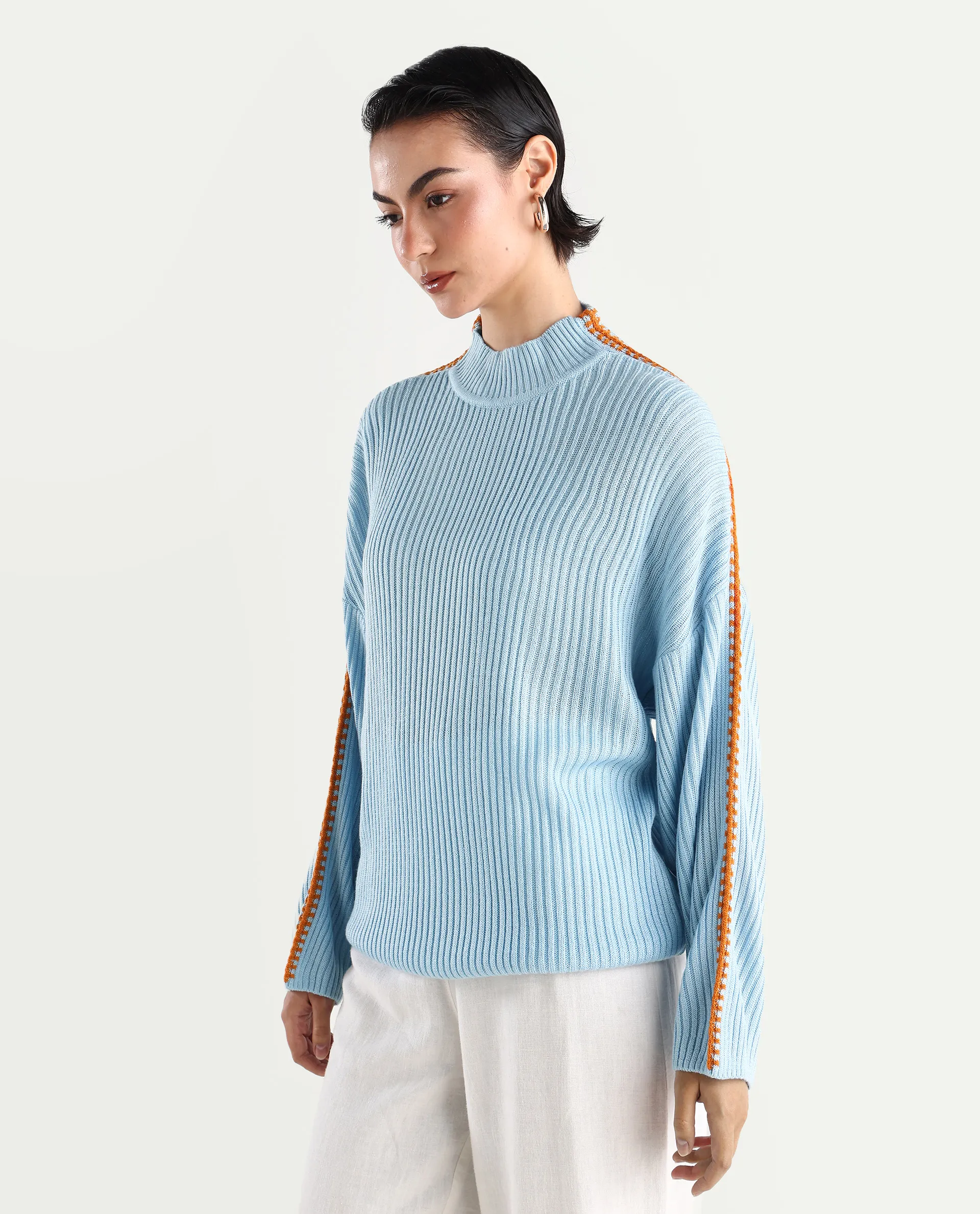 Rareism Women's Cassiopiea Light Blue Acrylic High Neck Plain Relaxed Fit Sweater - Image 5