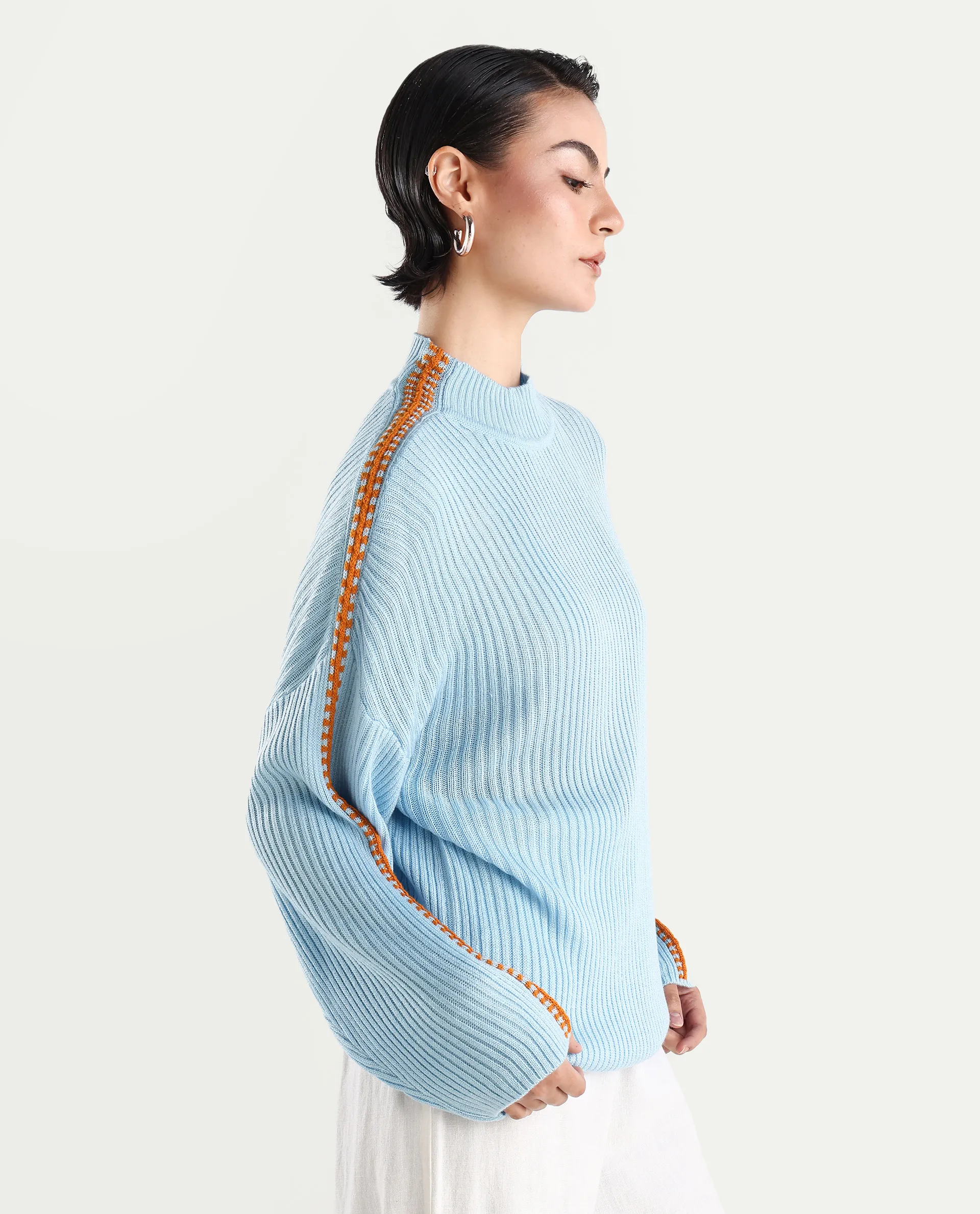 Rareism Women's Cassiopiea Light Blue Acrylic High Neck Plain Relaxed Fit Sweater - Image 6