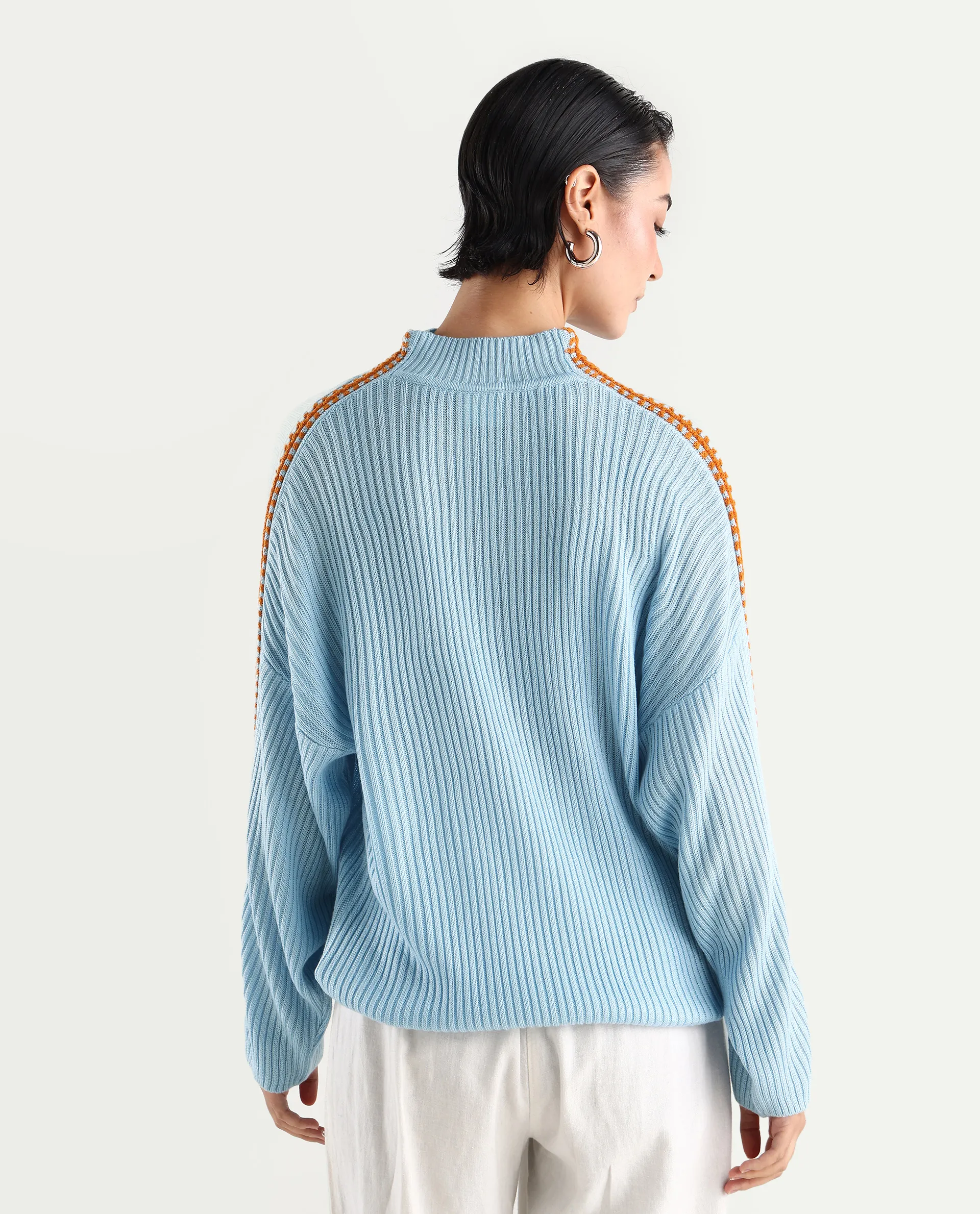 Rareism Women's Cassiopiea Light Blue Acrylic High Neck Plain Relaxed Fit Sweater - Image 7