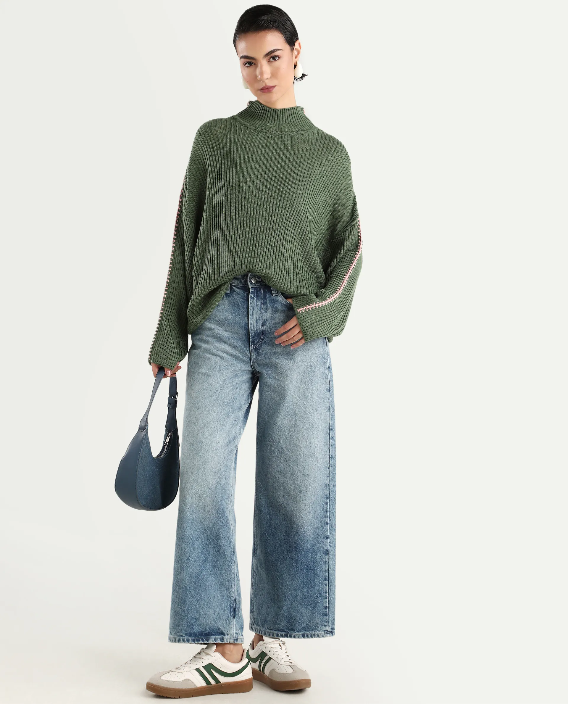 Rareism Women's Cassiopiea Olive Acrylic High Neck Plain Relaxed Fit Sweater - Image 2