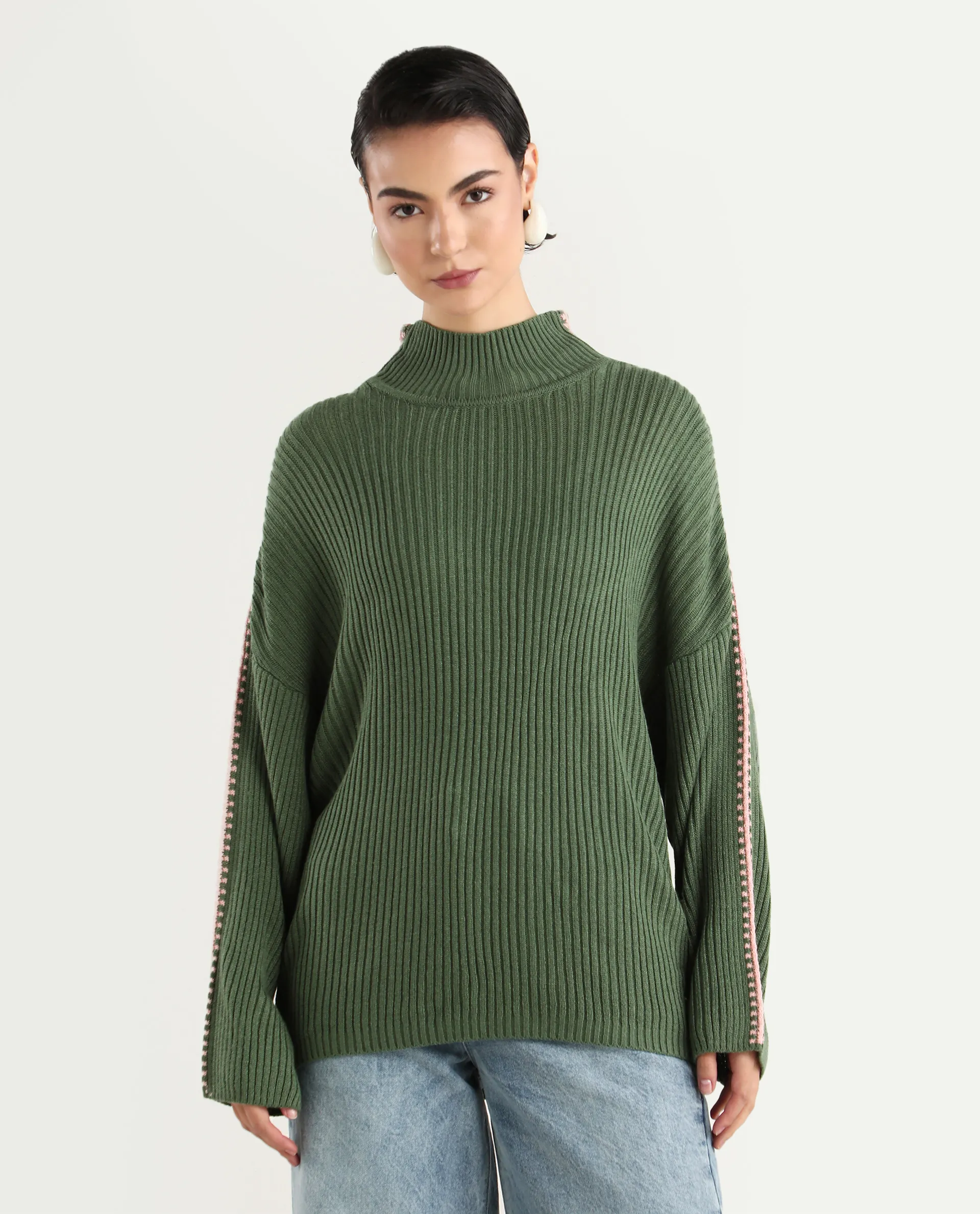 Rareism Women's Cassiopiea Olive Acrylic High Neck Plain Relaxed Fit Sweater - Image 3
