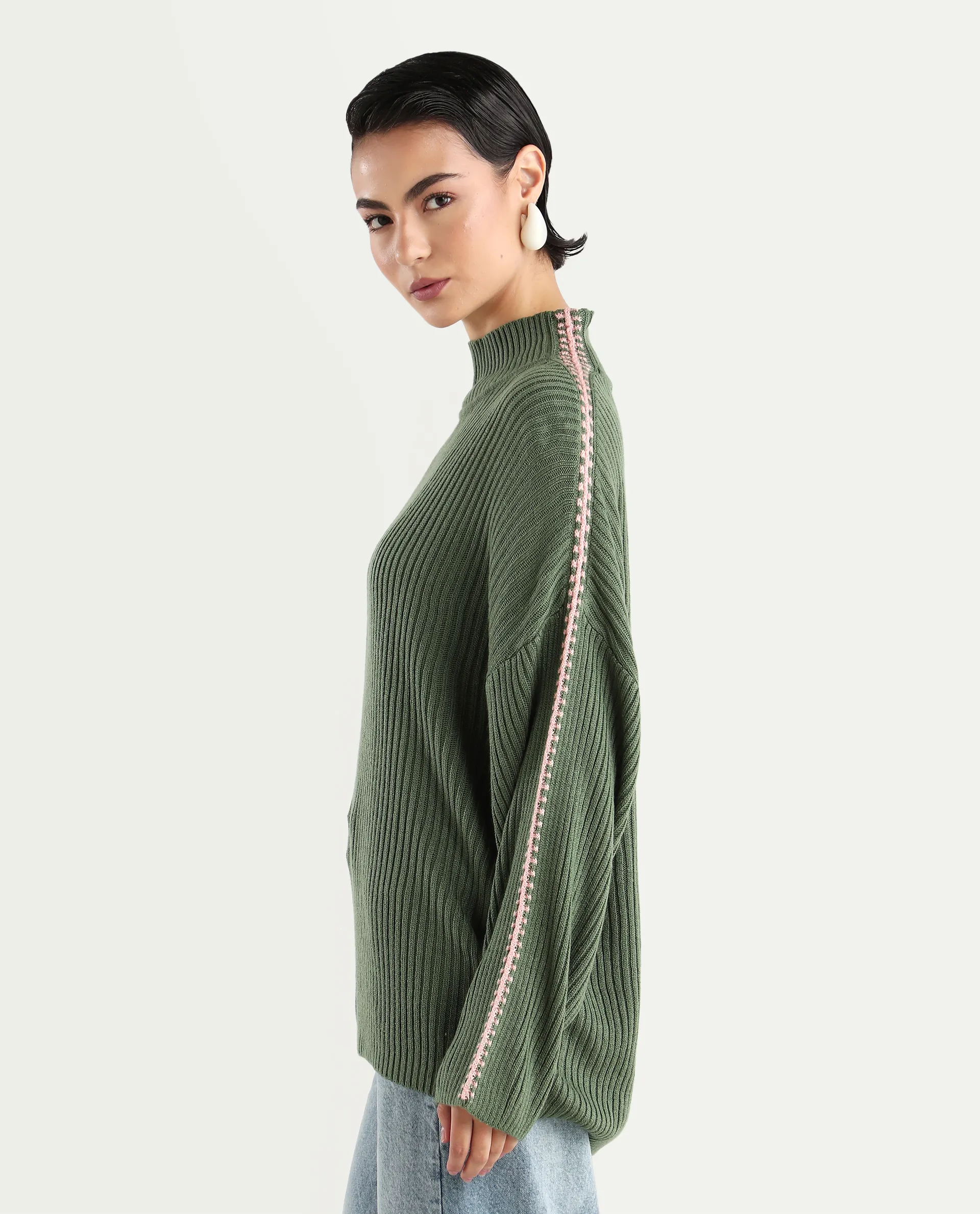 Rareism Women's Cassiopiea Olive Acrylic High Neck Plain Relaxed Fit Sweater - Image 5
