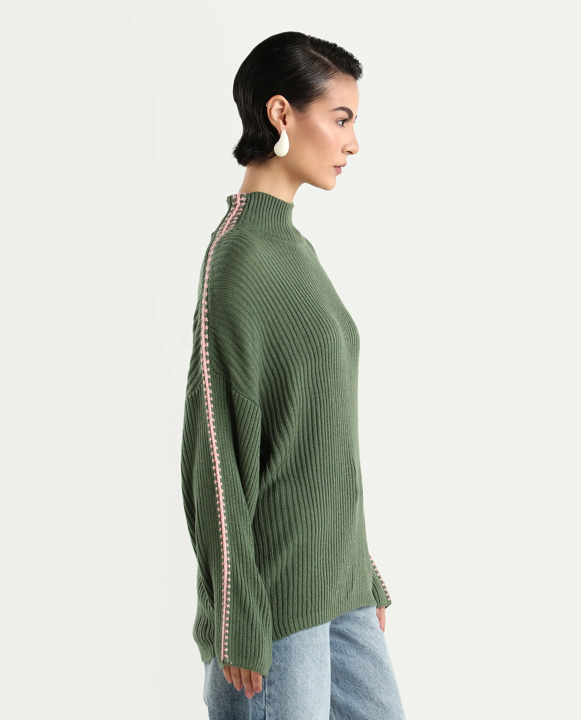 Rareism Women's Cassiopiea Olive Acrylic High Neck Plain Relaxed Fit Sweater - Image 6