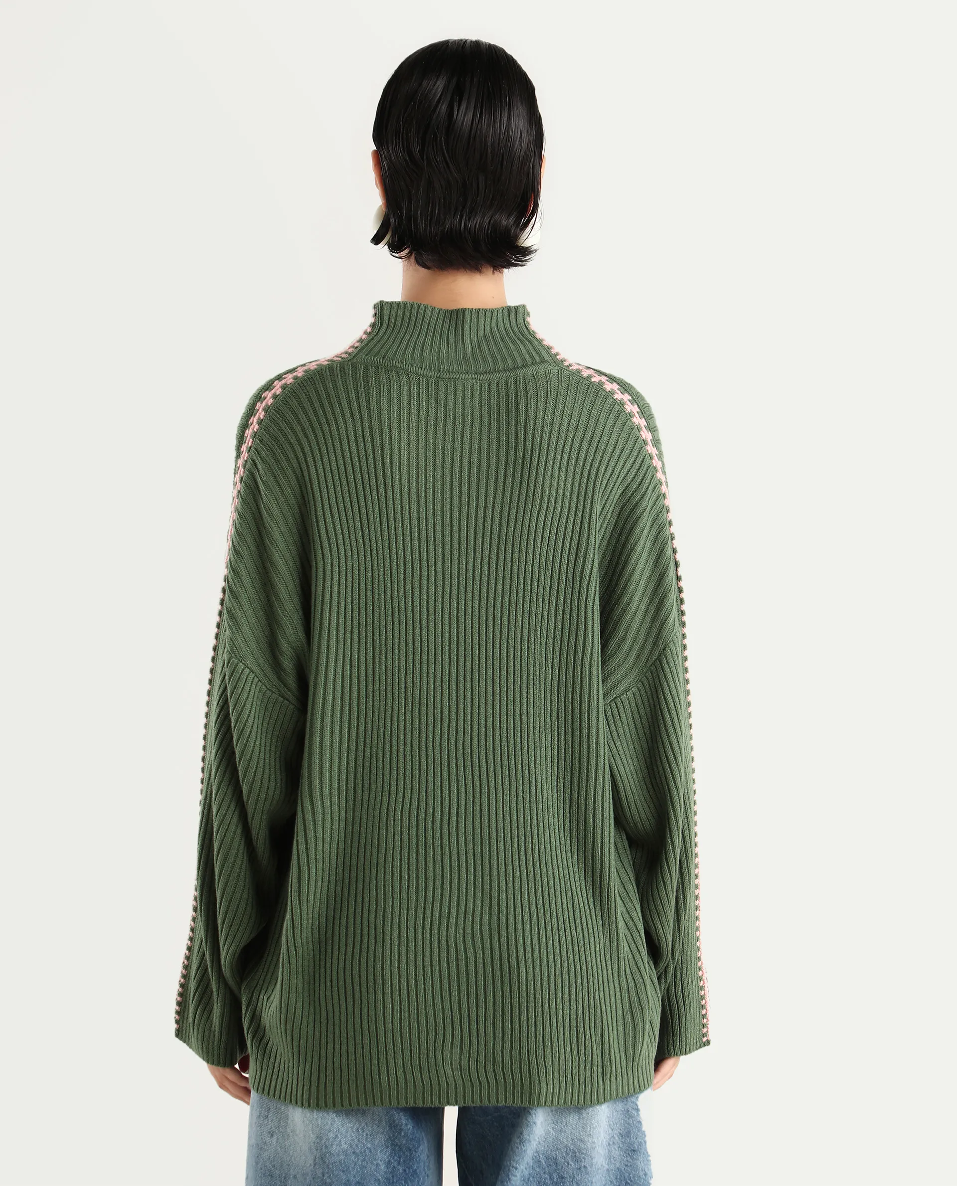 Rareism Women's Cassiopiea Olive Acrylic High Neck Plain Relaxed Fit Sweater - Image 7