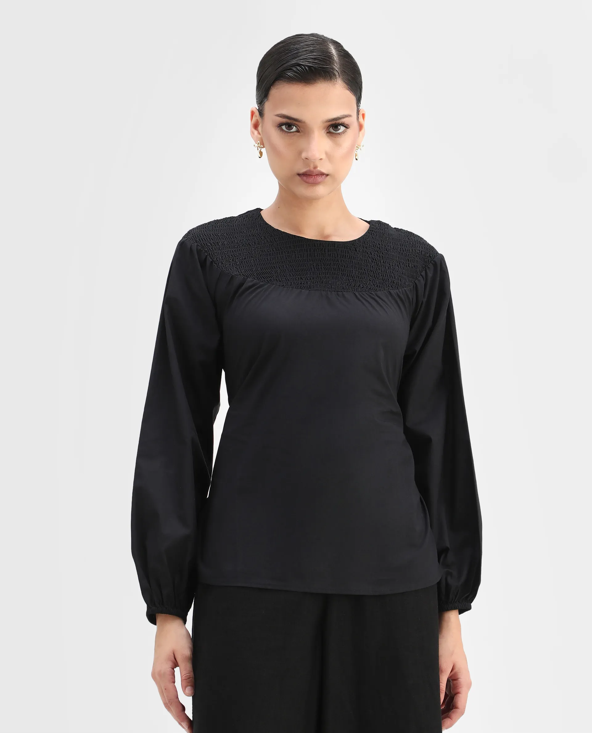 Rareism Women's Cassius Black Cotton Crew Neck Plain Volume Sleeve Regular Fit Top - Image 2