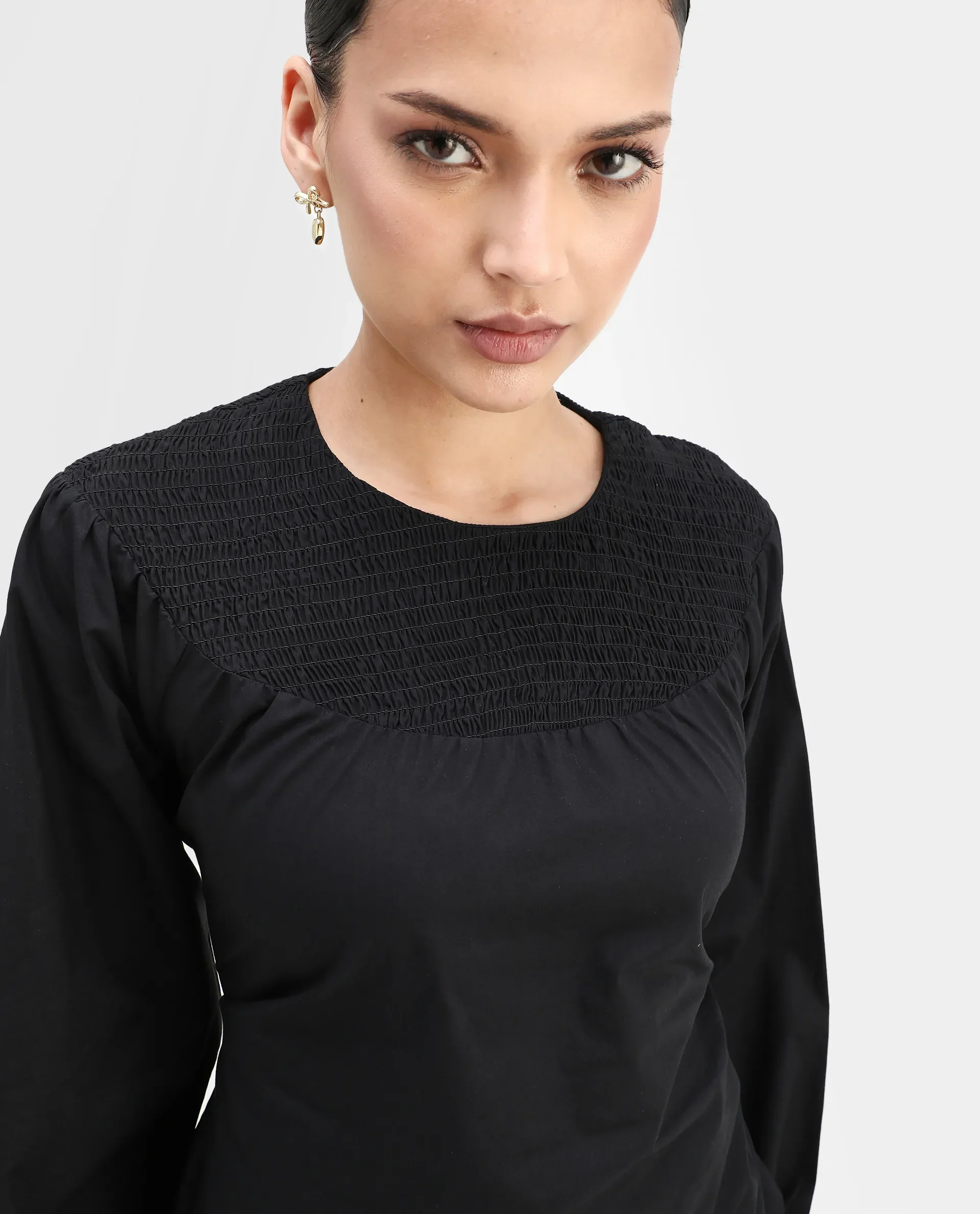Rareism Women's Cassius Black Cotton Crew Neck Plain Volume Sleeve Regular Fit Top - Image 3