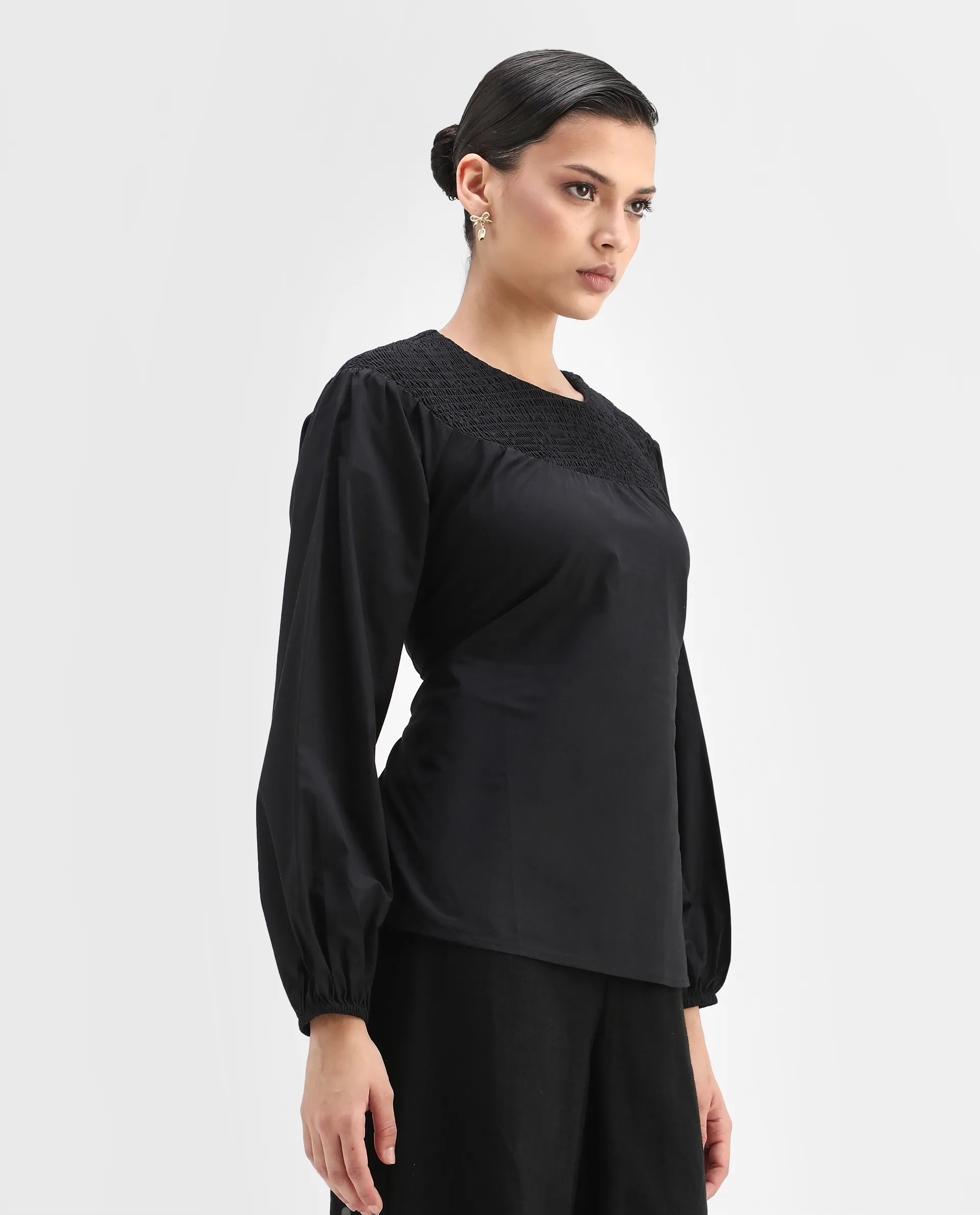 Rareism Women's Cassius Black Cotton Crew Neck Plain Volume Sleeve Regular Fit Top - Image 5