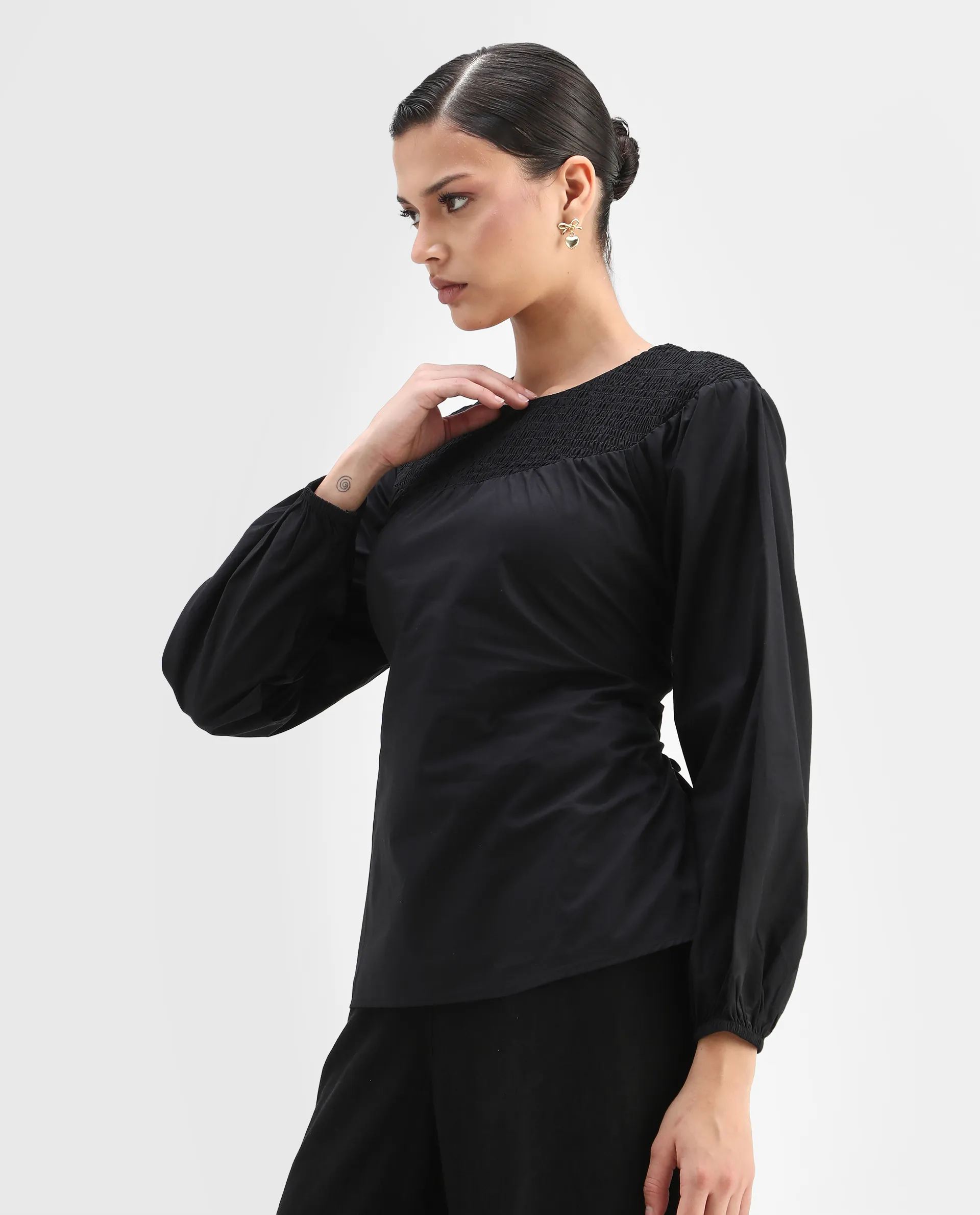 Rareism Women's Cassius Black Cotton Crew Neck Plain Volume Sleeve Regular Fit Top - Image 6
